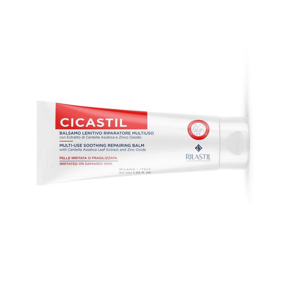 Tubo bianco con scritta rossa CICASTIL. Testo: Balsamo Lenitivo Riparatore Multiuso. Marchio RILASTIL. Contenuto: 40 ml.