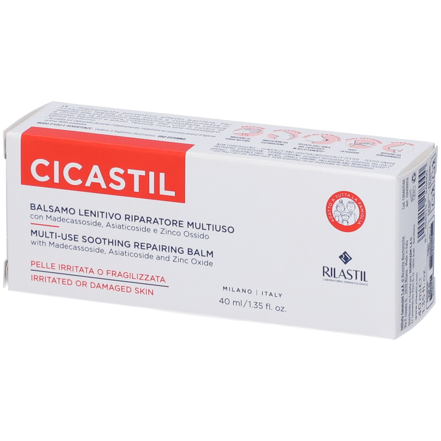 Scatola bianca con scritta rossa CICASTIL. Testo: Balsamo Lenitivo Riparatore Multiuso. Marchio RILASTIL. Contenuto: 40 ml.