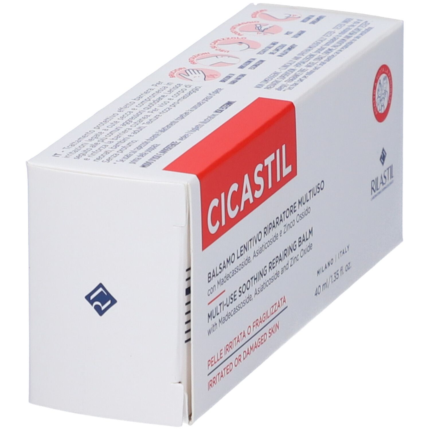 Scatola bianca con scritta rossa CICASTIL. Testo: Balsamo Lenitivo Riparatore Multiuso. Marchio RILASTIL. Contenuto: 40 ml.