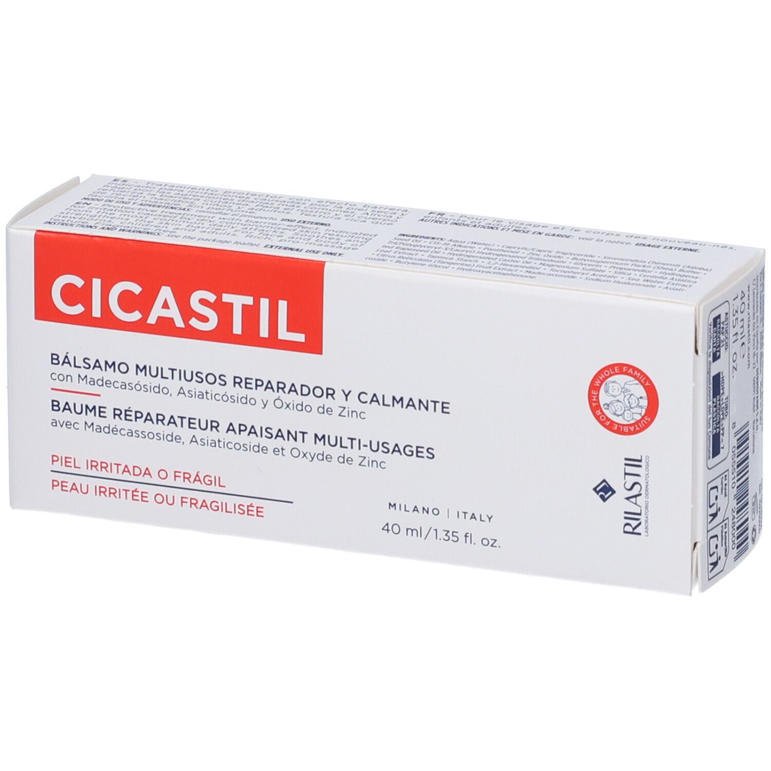 Scatola bianca con scritta rossa CICASTIL. Testo: Balsamo Lenitivo Riparatore Multiuso. Marchio RILASTIL. Contenuto: 40 ml.