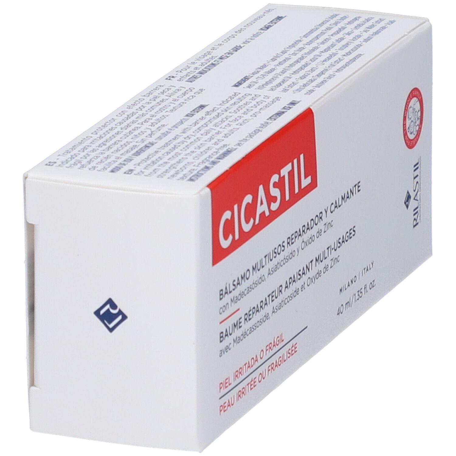 Scatola bianca con scritta rossa CICASTIL. Testo: Balsamo Lenitivo Riparatore Multiuso. Marchio RILASTIL. Contenuto: 40 ml.