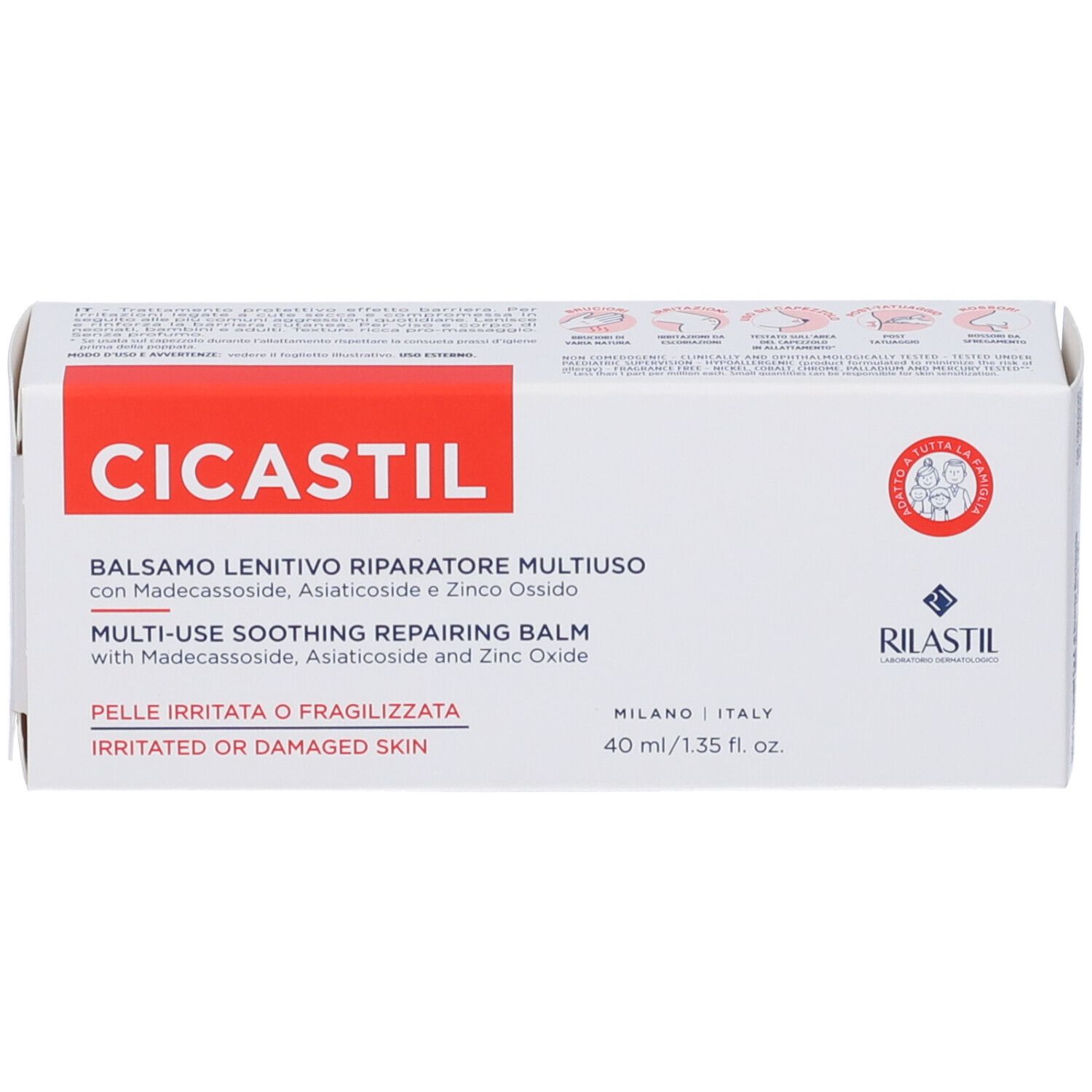Scatola bianca con scritta rossa CICASTIL. Testo: Balsamo Lenitivo Riparatore Multiuso. Marchio RILASTIL. Contenuto: 40 ml.