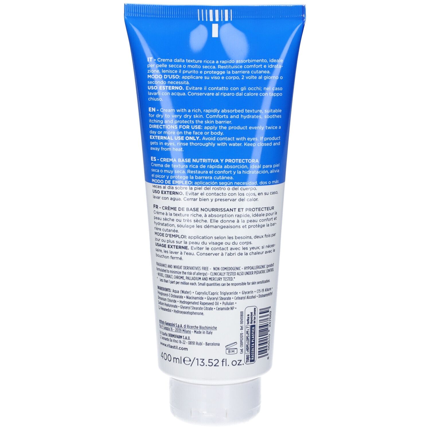 Rückseite einer blauen Tube. Text in mehreren Sprachen: Anwendungshinweise, Inhaltsstoffe. Volumen: 400 ml.