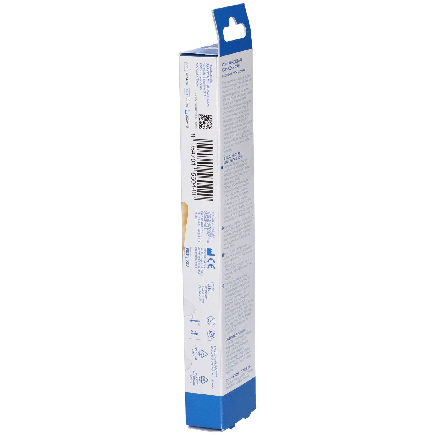 Seitenansicht der F-Care Ohrkerzen-Verpackung. Aufgedruckt sind Informationen und Symbole.
