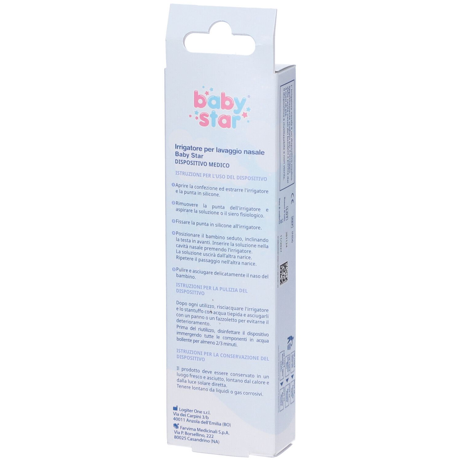 Rückseite der Baby Star Nasenspülungs-Verpackung. Gebrauchsanweisung und Herstellerinformationen. Medizinprodukt.