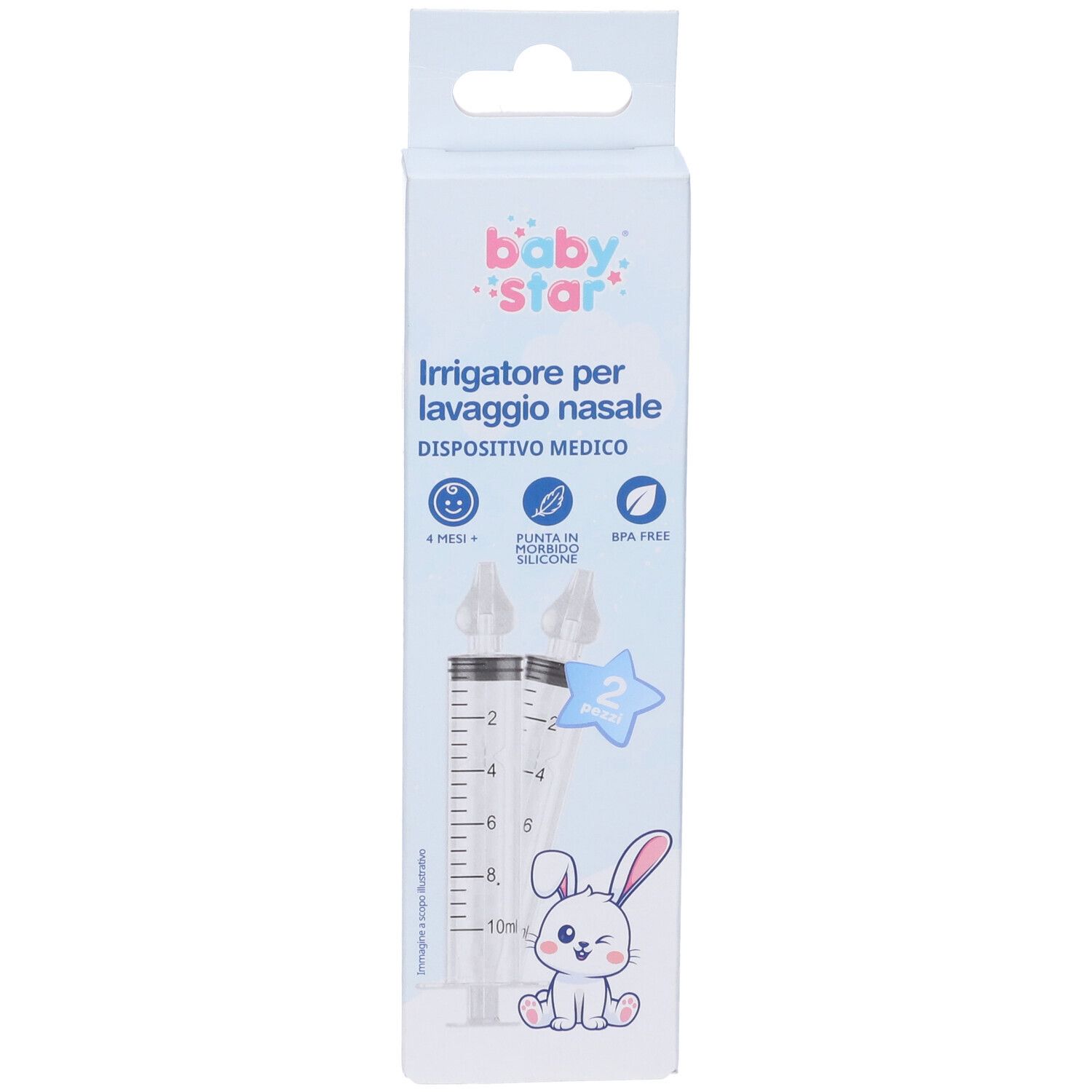 Verpackung mit zwei Nasenspülungen. Marke Baby Star. Enthält zwei Spritzen mit Silikonspitzen. Medizinprodukt.