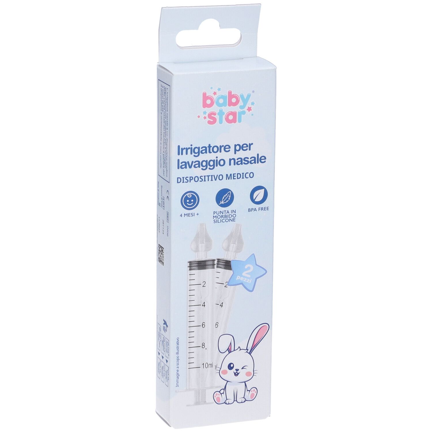 Verpackung mit zwei Nasenspülungen. Marke Baby Star. Enthält zwei Spritzen mit Silikonspitzen. Medizinprodukt.