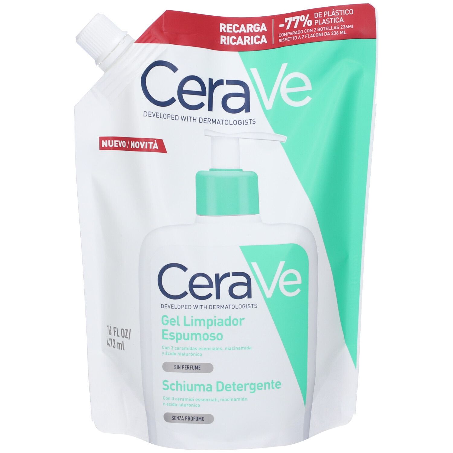 CeraVe Refill Schiuma Detergente Seboregolatrice Viso e Corpo, Per Pelli da Normali a Grasse, 473 ml