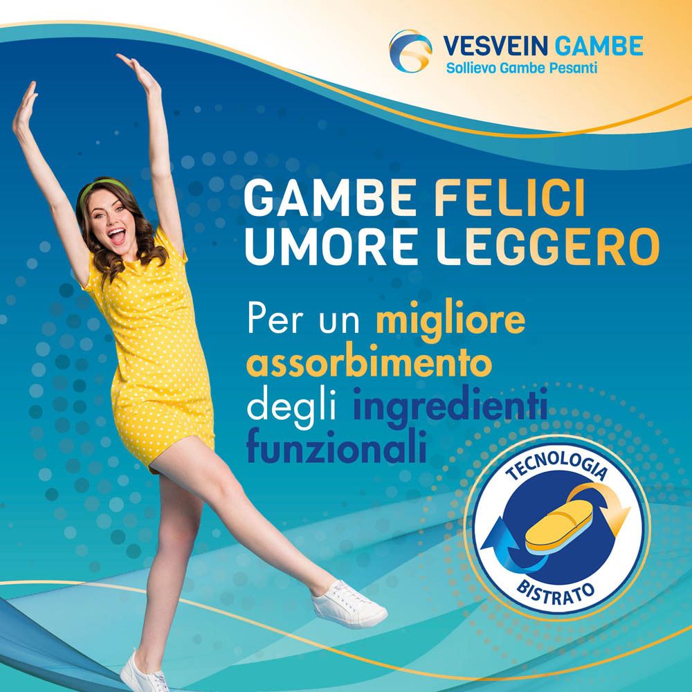 Una donna con le braccia alzate. Testo: 'Gambe Felici Umore Leggero'. Logo: 'Tecnologia Bistrato'.