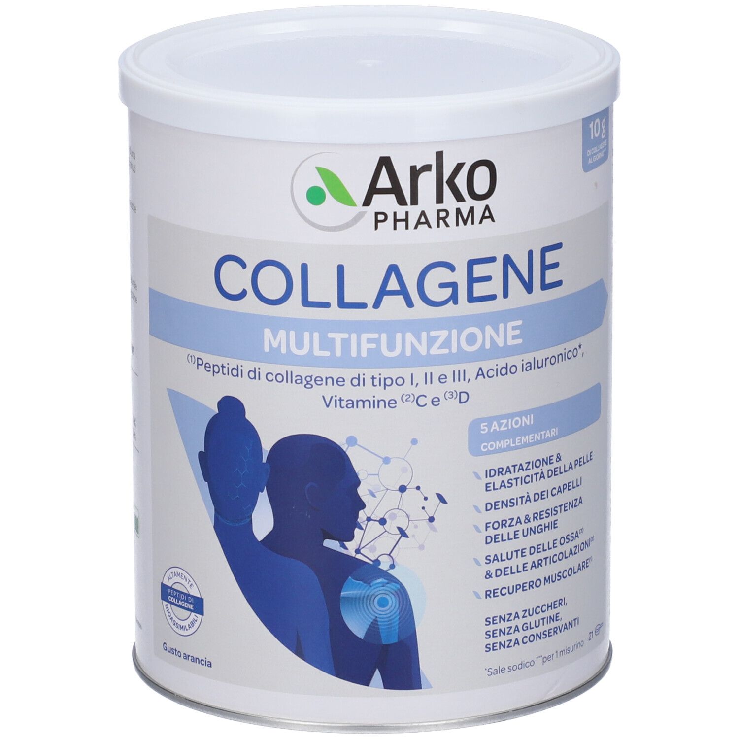 Weißes Collagene Multifunzione-Pulver von Arko Pharma. Dose mit Deckel, blaue und grüne Schrift.