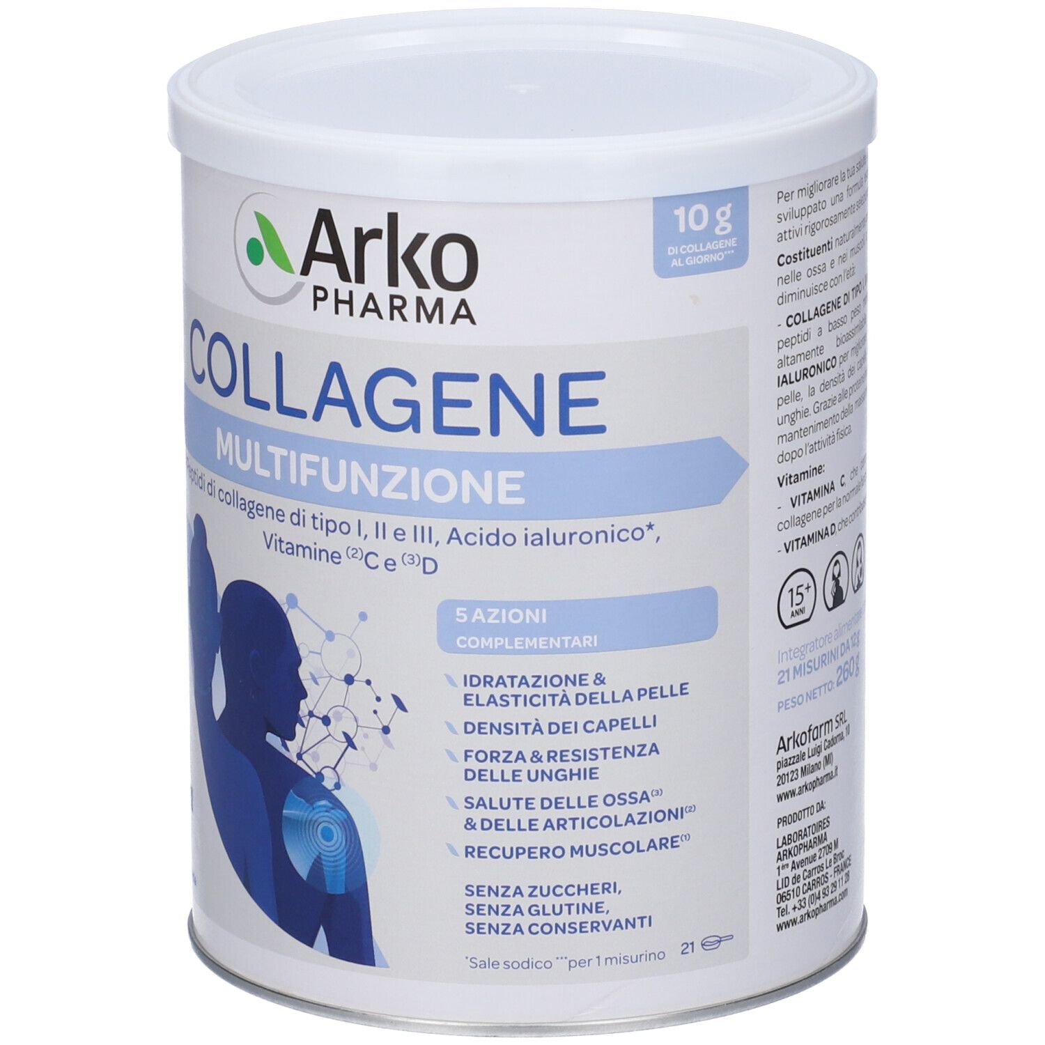 Weißes Collagene Multifunzione-Pulver von Arko Pharma. Dose mit Deckel, blaue und grüne Schrift. 10g.