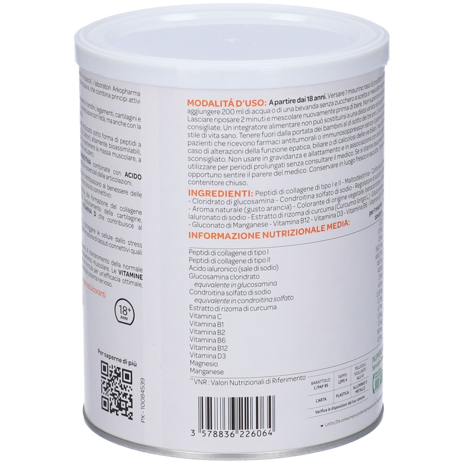 Weißes Produktgebinde mit Text. Enthält Inhaltsstoffe, Nährwertangaben und Anwendungshinweise. Mit QR-Code.