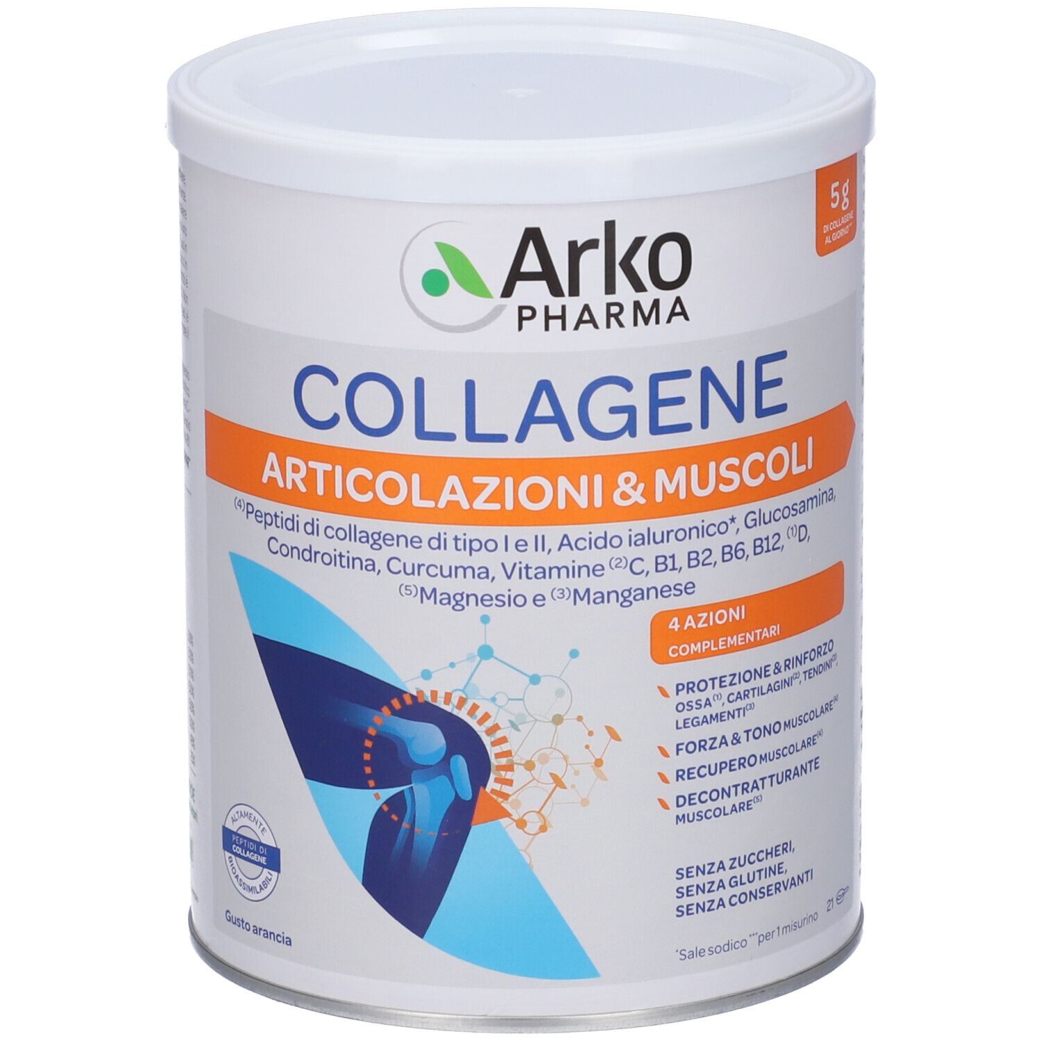 Weißes Produktgebinde mit blau-orangem Etikett. Aufschrift: Arko Pharma Collagene Articolazioni & Muscoli. Enthält Inhaltsstoffe und 4 Aktionen.