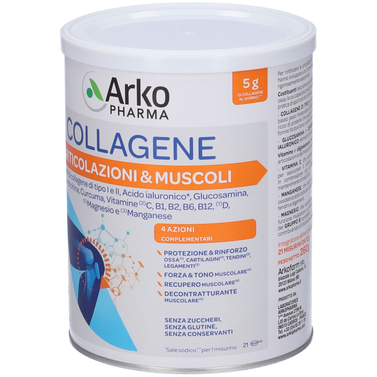 Weißes Produktgebinde mit blau-orangem Etikett. Aufschrift: Arko Pharma Collagene Articolazioni & Muscoli. Enthält Inhaltsstoffe und 4 Aktionen.