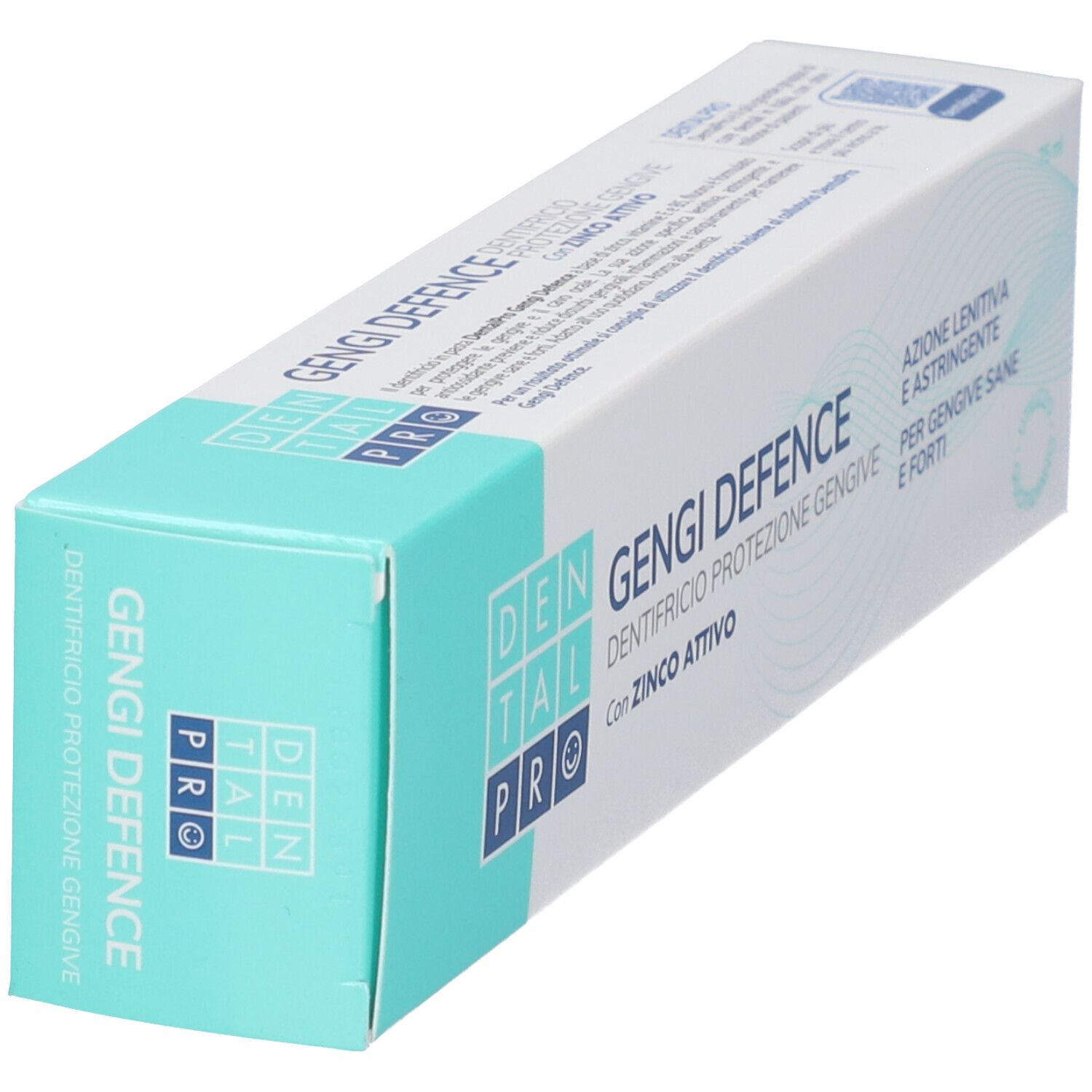 Zahncreme-Verpackung "Gengi Defence" mit seitlicher Aufschrift und Logo.