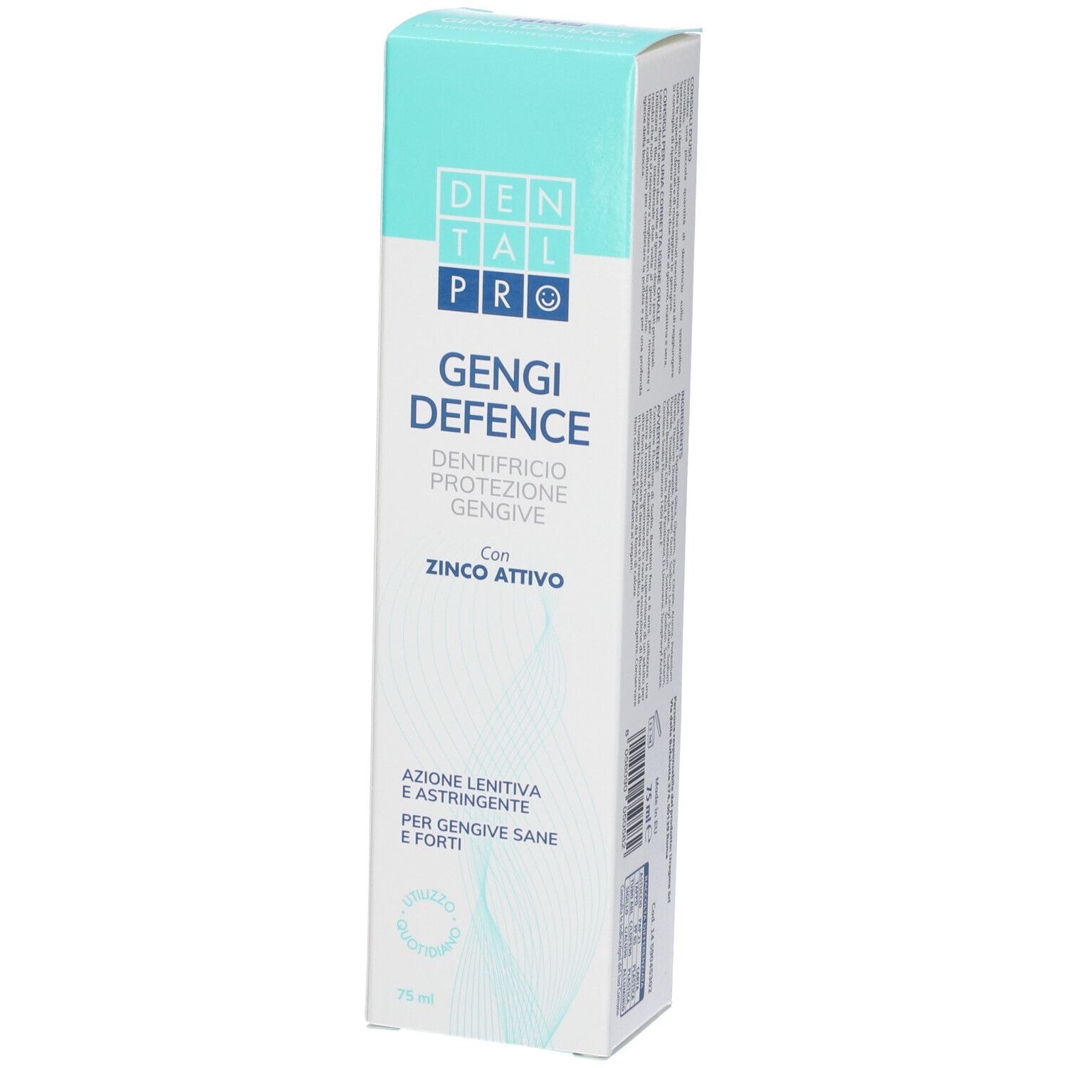 Zahncreme-Verpackung "Gengi Defence" mit seitlicher Ansicht und Details.