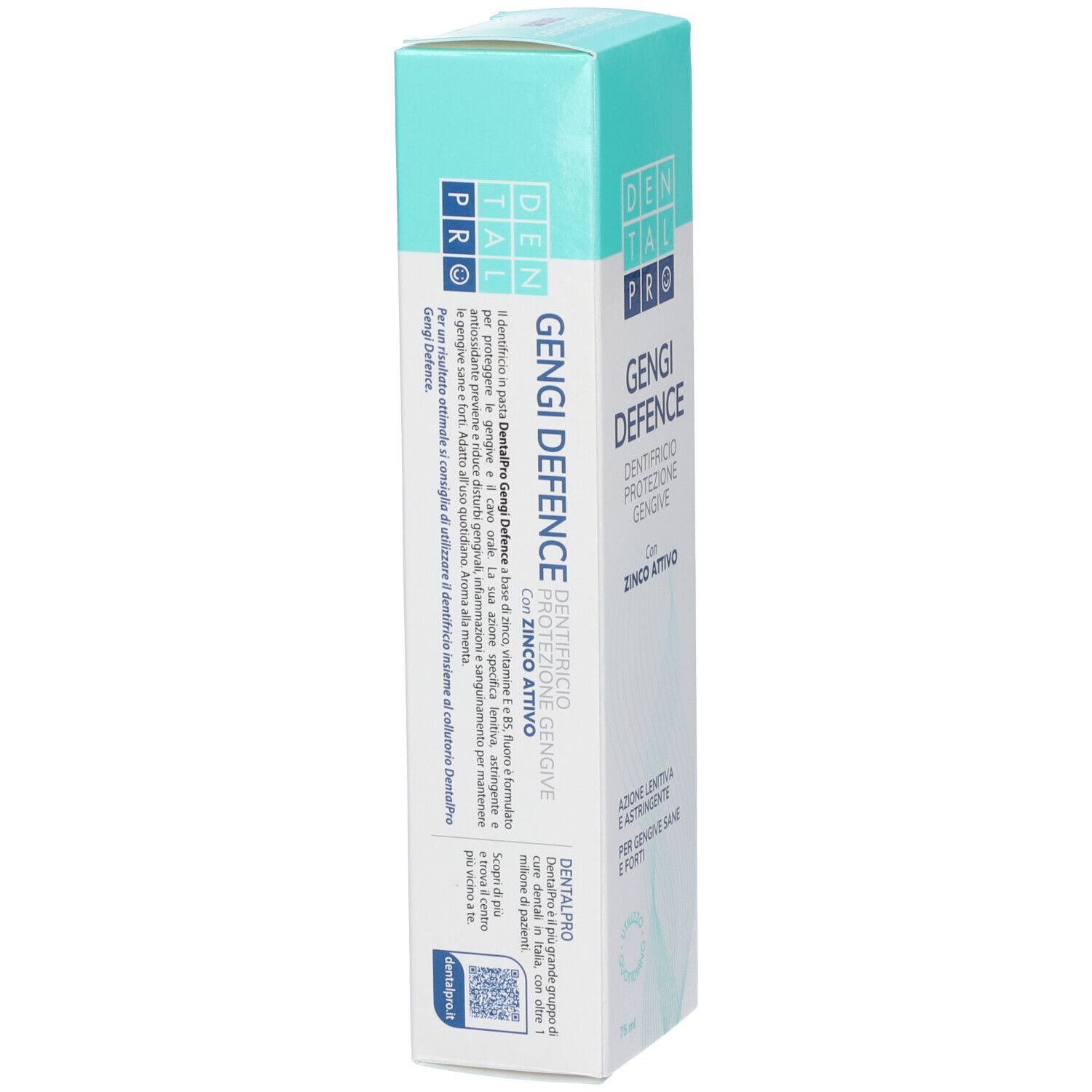 Zahncreme-Verpackung "Gengi Defence" mit detaillierter Seitenansicht und Text.