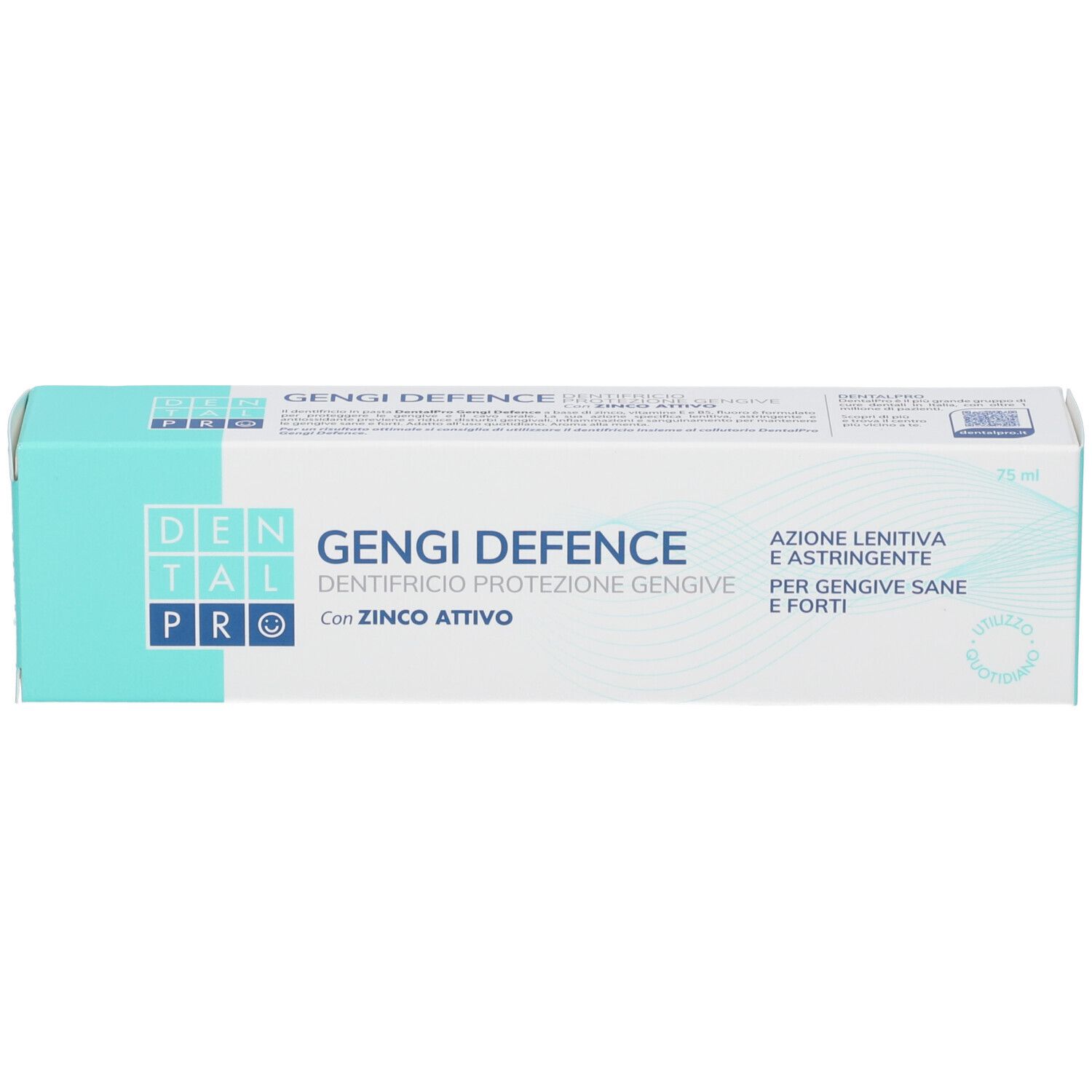 Zahncreme-Verpackung "Gengi Defence" mit Aufschrift "Con Zinco Attivo".