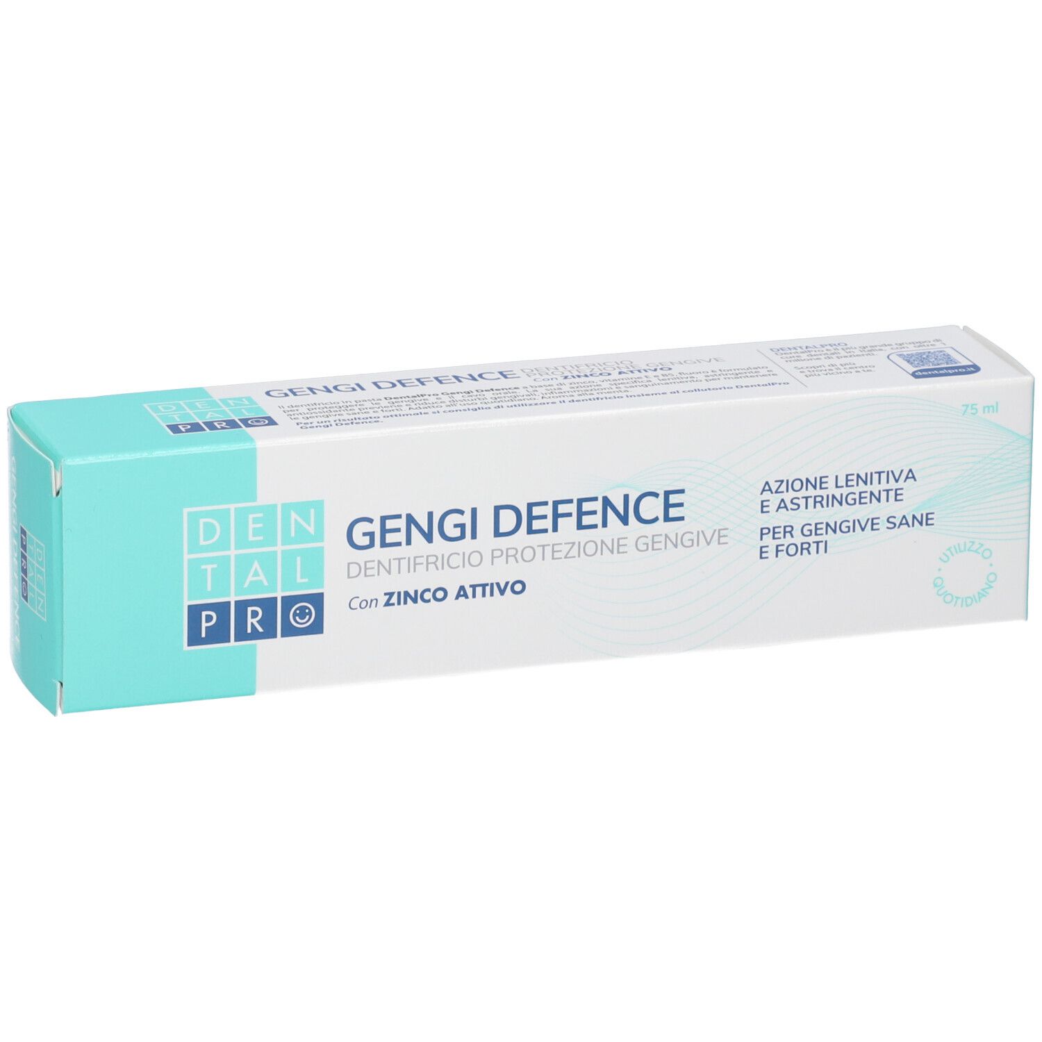 Zahncreme-Verpackung "Gengi Defence" mit Aufschrift "Con Zinco Attivo".