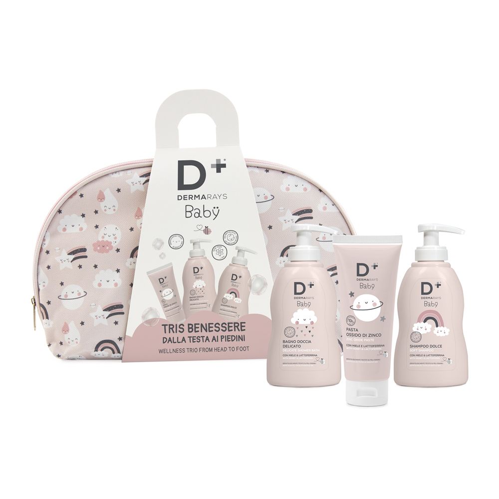 Tris Benessere Dalla Testa Ai Piedini - Kit Completo Per La Cura Del Bambino: Bagno Doccia Delicato, Shampoo Dolce, Pasta Ossido Di Zinco Con Pochette
