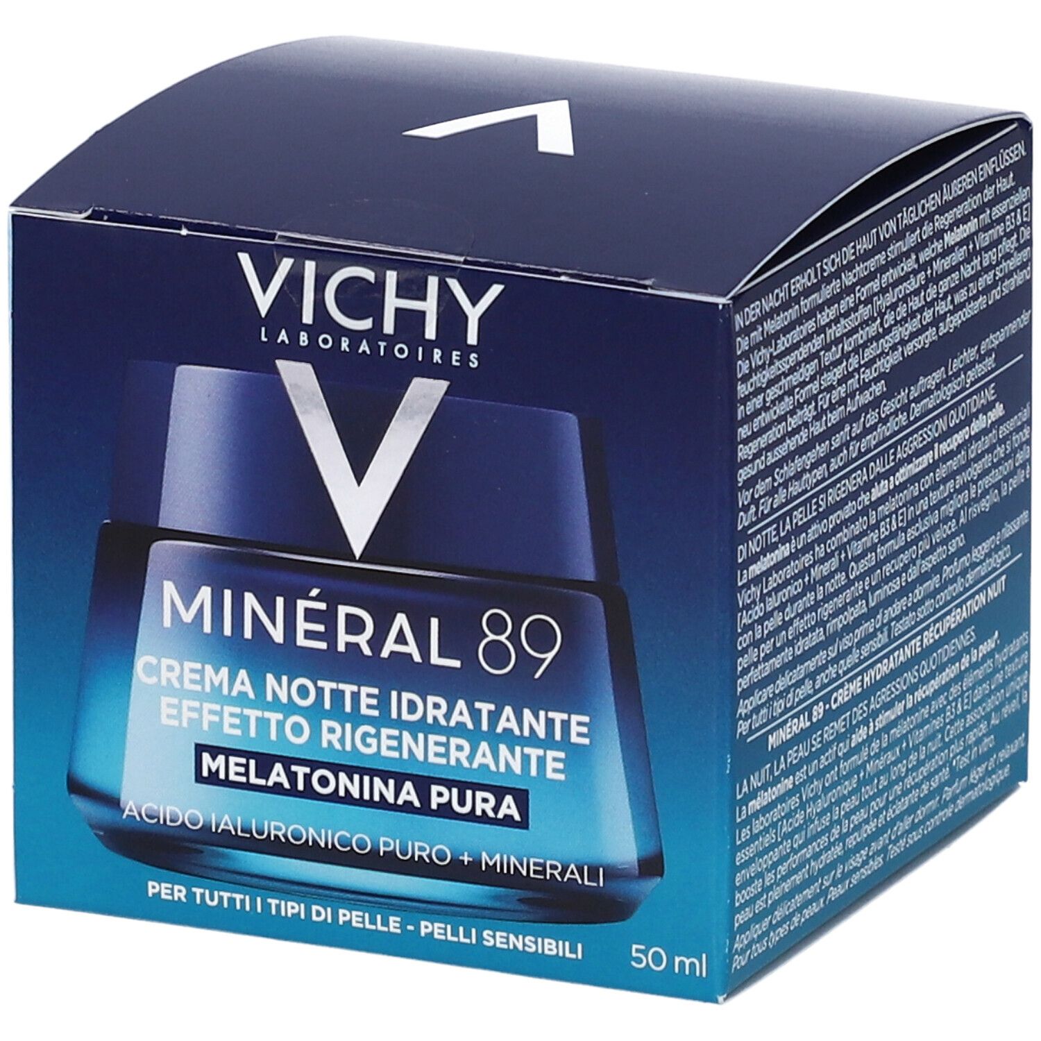 Dunkelblaue Faltschachtel mit Produktabbildung. Schriftzug: Vichy, Minéral 89, Crema Notte Idratante, Melatonina Pura. 50 ml.