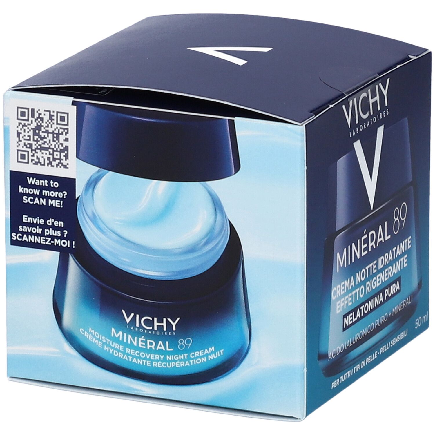 Dunkelblaue Faltschachtel mit Produkt und QR-Code. Produkt: Vichy Minéral 89. Aufschrift: Moisture Recovery Night Cream. Scan me!