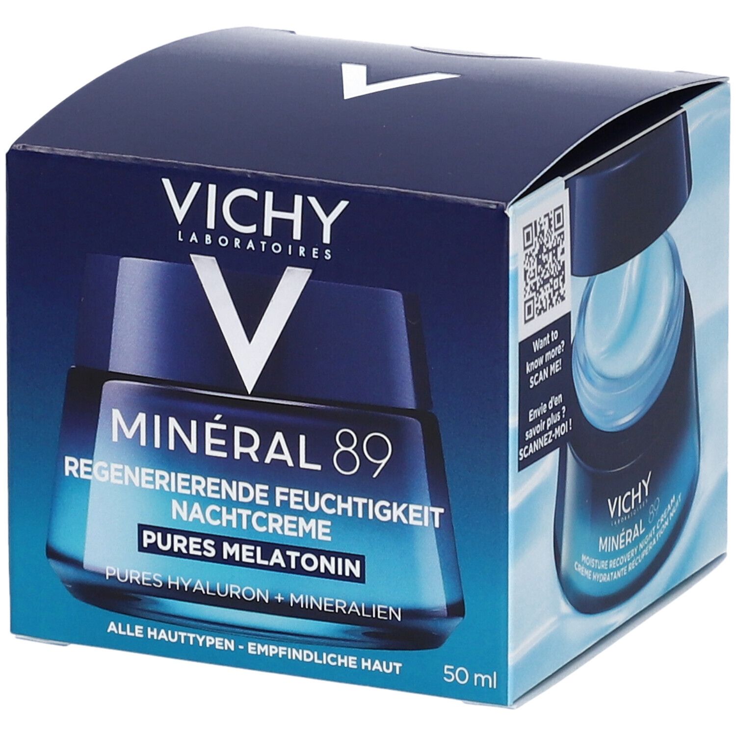 Dunkelblaue Faltschachtel mit Produktabbildung. Schriftzug: Vichy, Minéral 89, Regenerierende Feuchtigkeit Nachtcreme, Pures Melatonin. 50 ml.