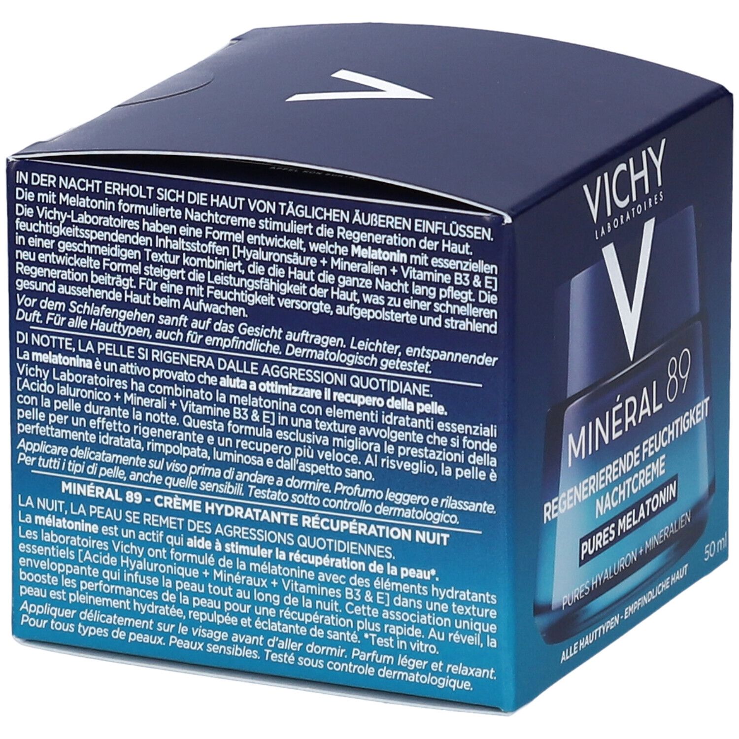 Dunkelblaue Faltschachtel mit Text. Schriftzug: Vichy, Minéral 89, Regenerierende Feuchtigkeit Nachtcreme, Pures Melatonin. 50 ml.