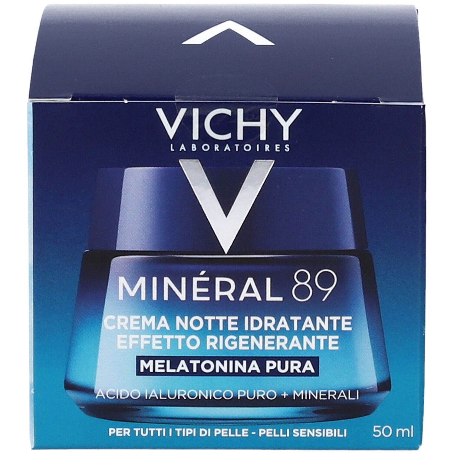 Dunkelblaue Faltschachtel mit Produktabbildung. Schriftzug: Vichy, Minéral 89, Crema Notte Idratante, Melatonina Pura. 50 ml.
