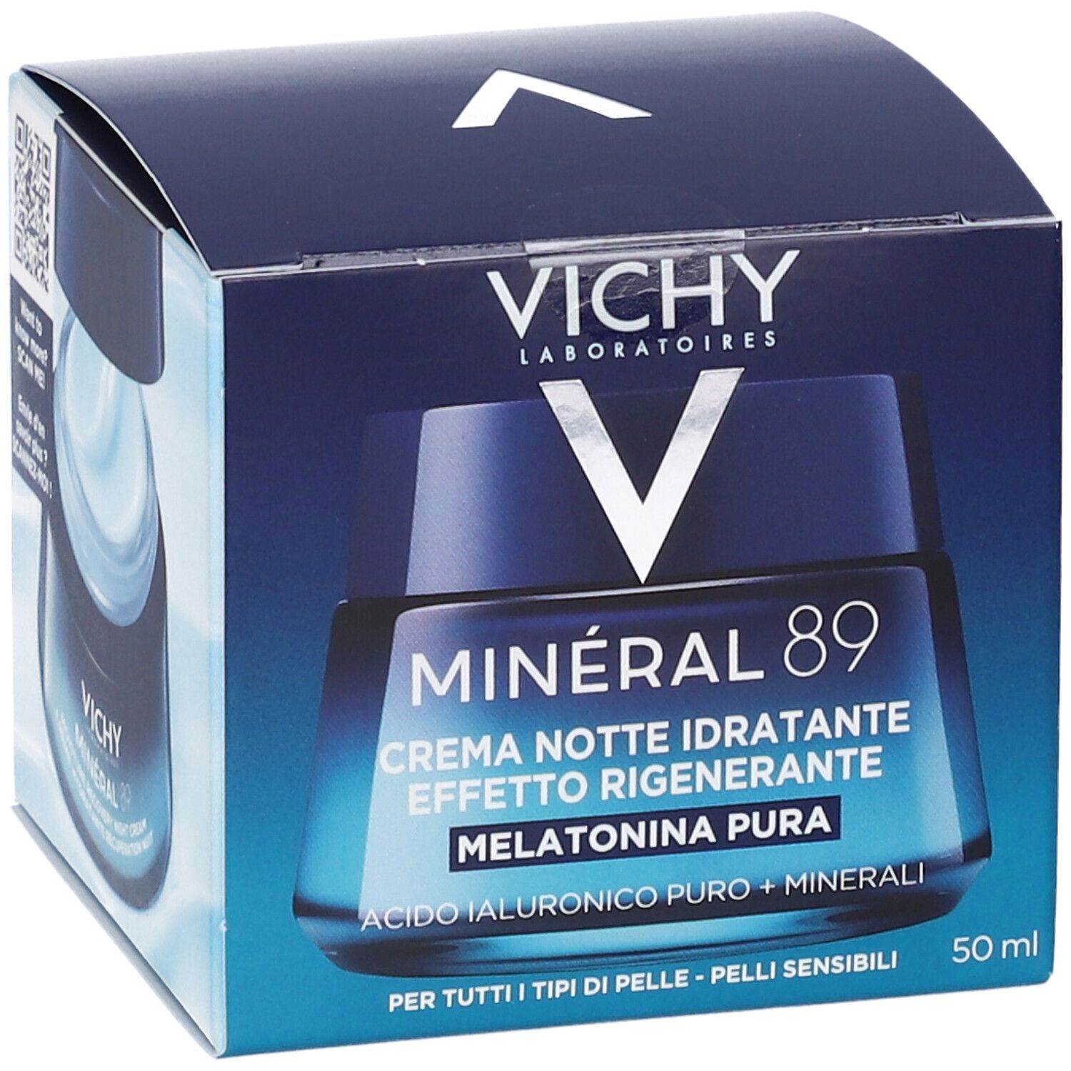 Dunkelblaue Faltschachtel mit Produktabbildung und QR-Code. Schriftzug: Vichy, Minéral 89, Crema Notte Idratante, Melatonina Pura. 50 ml.