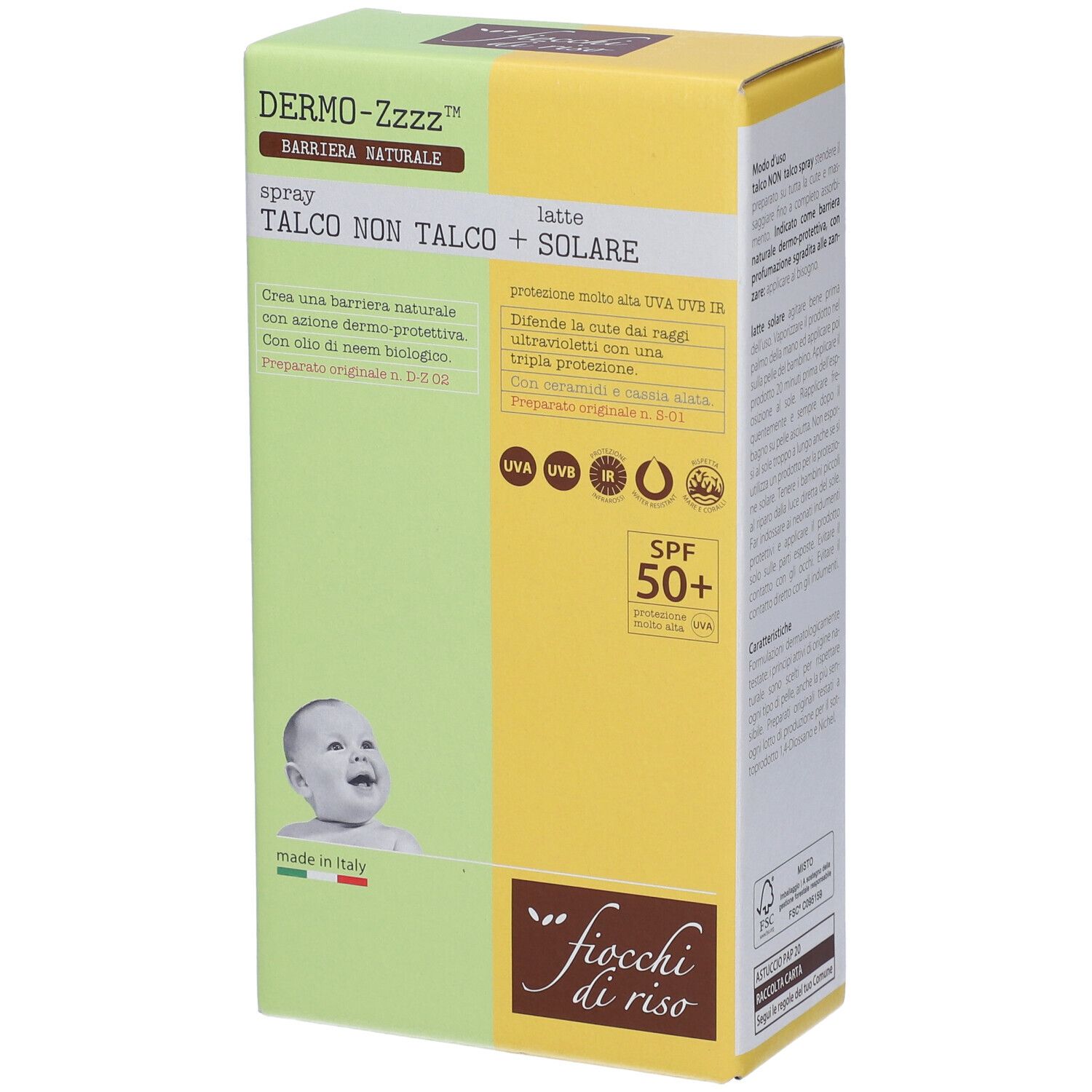 Confezione Fiocchi di Riso Set Dermo-Zzz Spray Talco Non Talco + Latte Solare SPF50+. Scatola verde e gialla, immagine bambino.