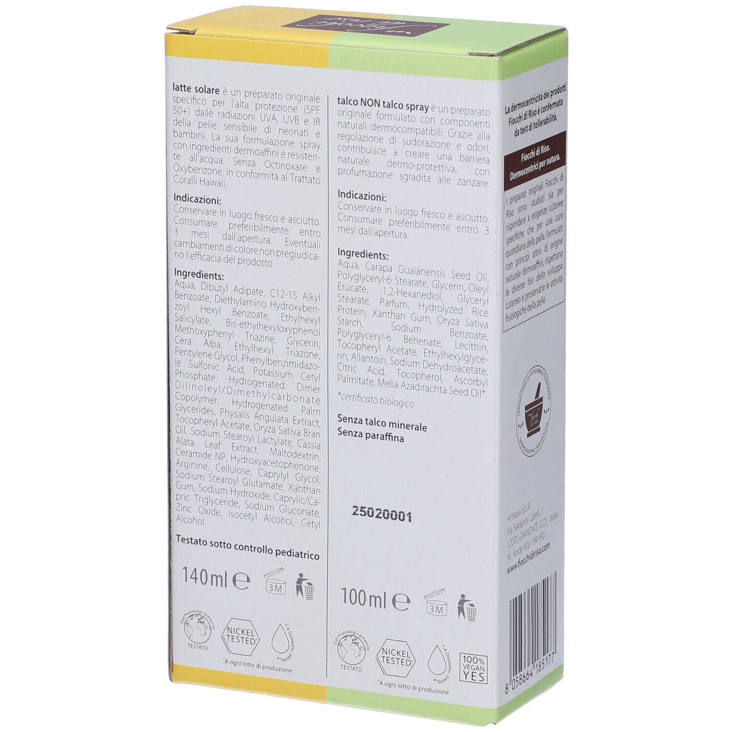 Retro confezione Fiocchi di Riso Set Dermo-Zzz. Ingredienti, testo, colori verde e giallo, 140ml e 100ml.