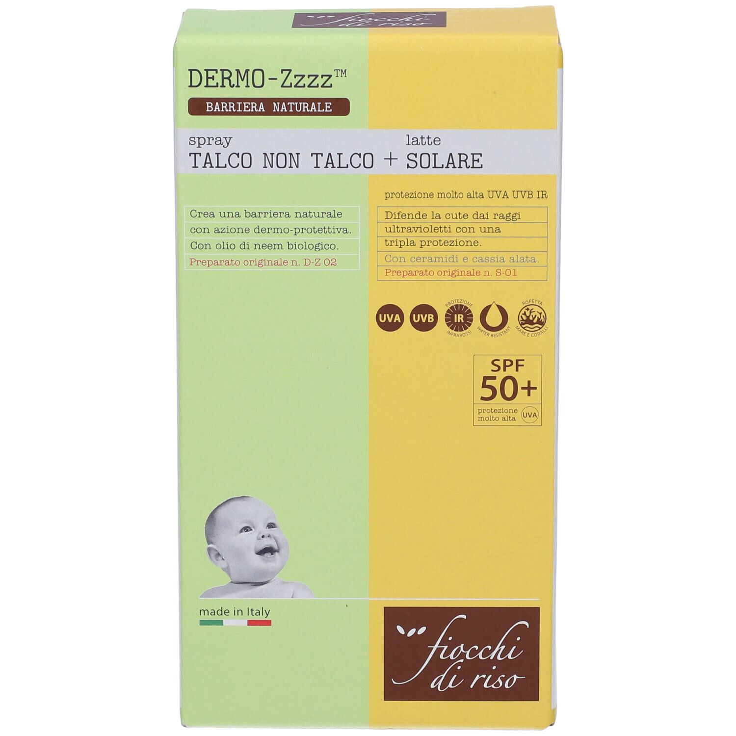 Fronte confezione Fiocchi di Riso Set Dermo-Zzz. Nome prodotto, immagine bambino, SPF 50+, colori verde e giallo.