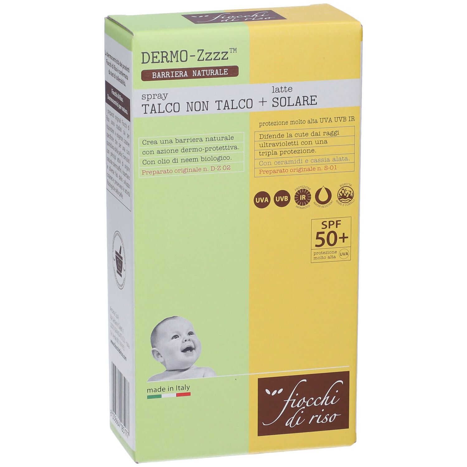 Fronte confezione Fiocchi di Riso Set Dermo-Zzz. Nome prodotto, immagine bambino, SPF 50+, colori verde e giallo.