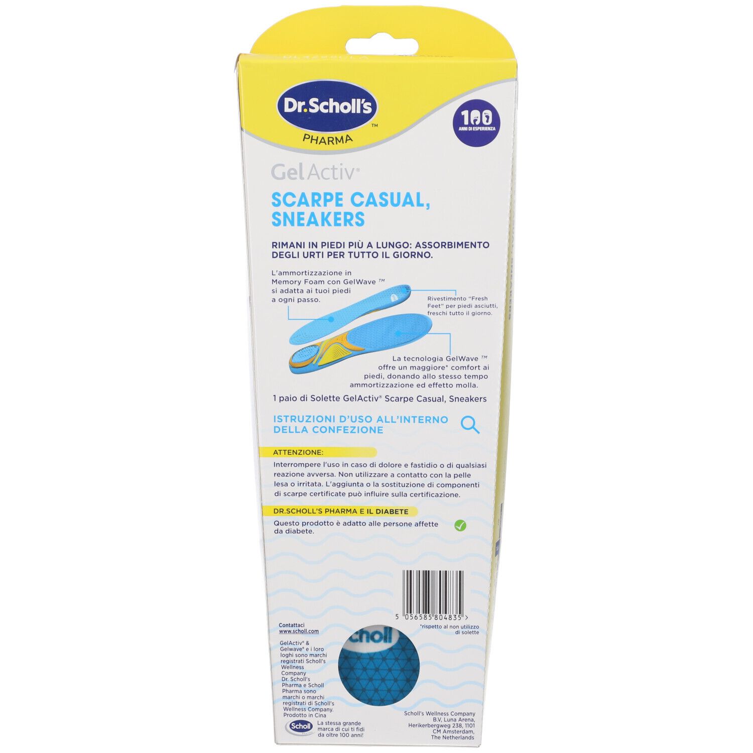 Rückseite der Verpackung von Dr. Scholl's Gelactiv Einlegesohlen. Text: Gelactiv, Scarpe Casual, Sneakers. Blaue Sohle sichtbar.