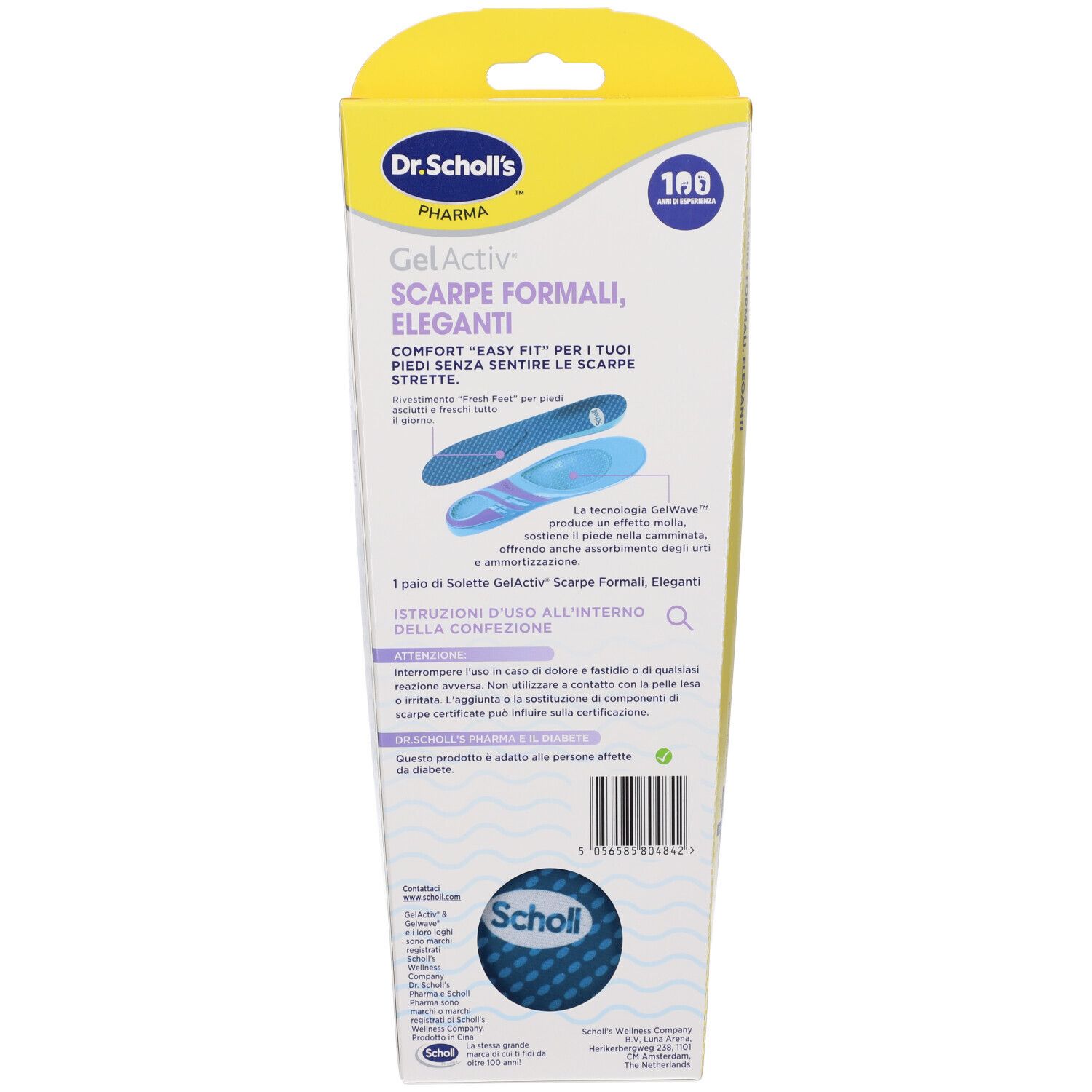 Retro della confezione delle solette Dr. Scholl's GelActiv per scarpe eleganti. Contiene istruzioni e informazioni sul prodotto.