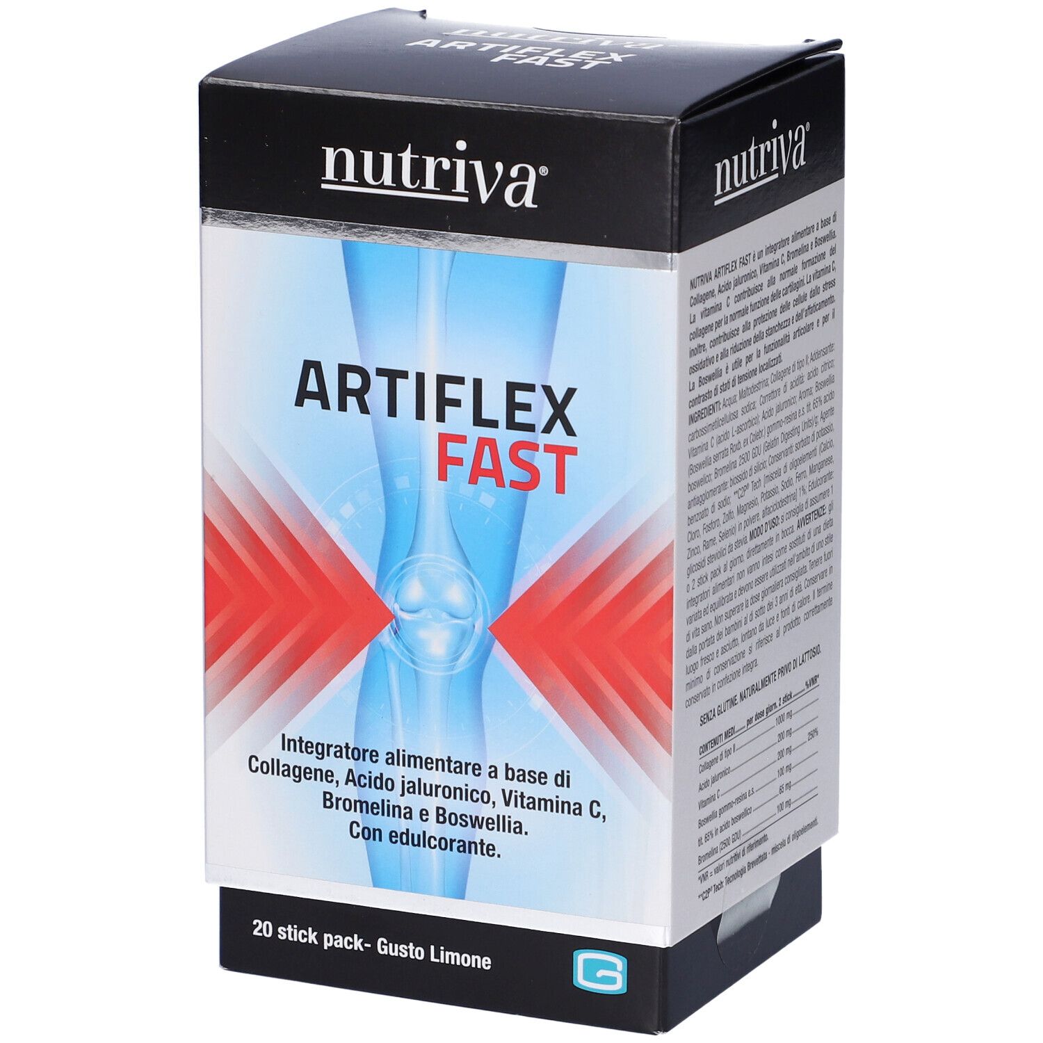 Scatola Nutriva Artiflex Fast, 20 stick pack. Ingredienti, informazioni nutrizionali e logo di certificazione.