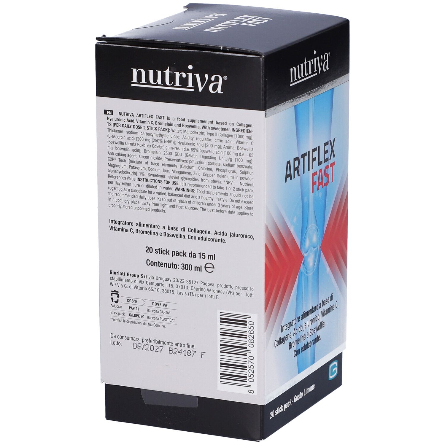 Retro della scatola con informazioni prodotto multilingue. Contenuto: 20 stick da 15 ml. Data di scadenza.