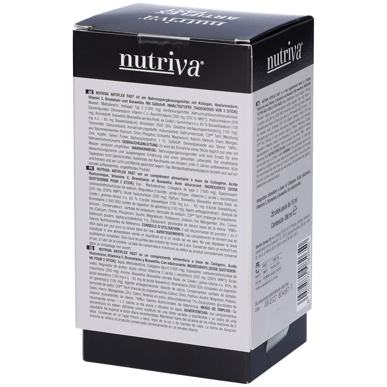 Retro della scatola con informazioni prodotto multilingue. Contenuto: 20 stick da 15 ml. Ingredienti.