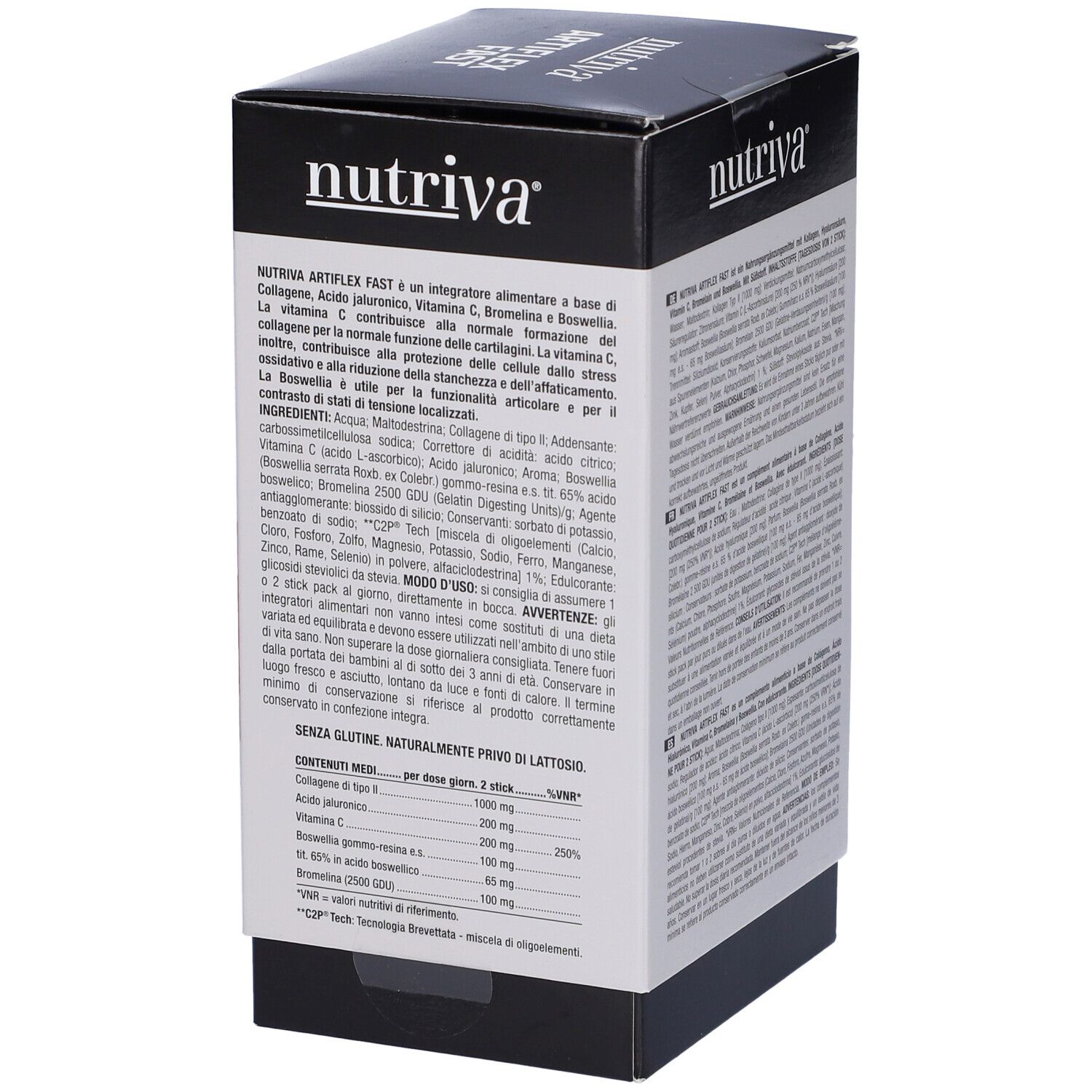 Scatola con informazioni prodotto multilingue. Ingredienti e informazioni nutrizionali. Senza glutine.