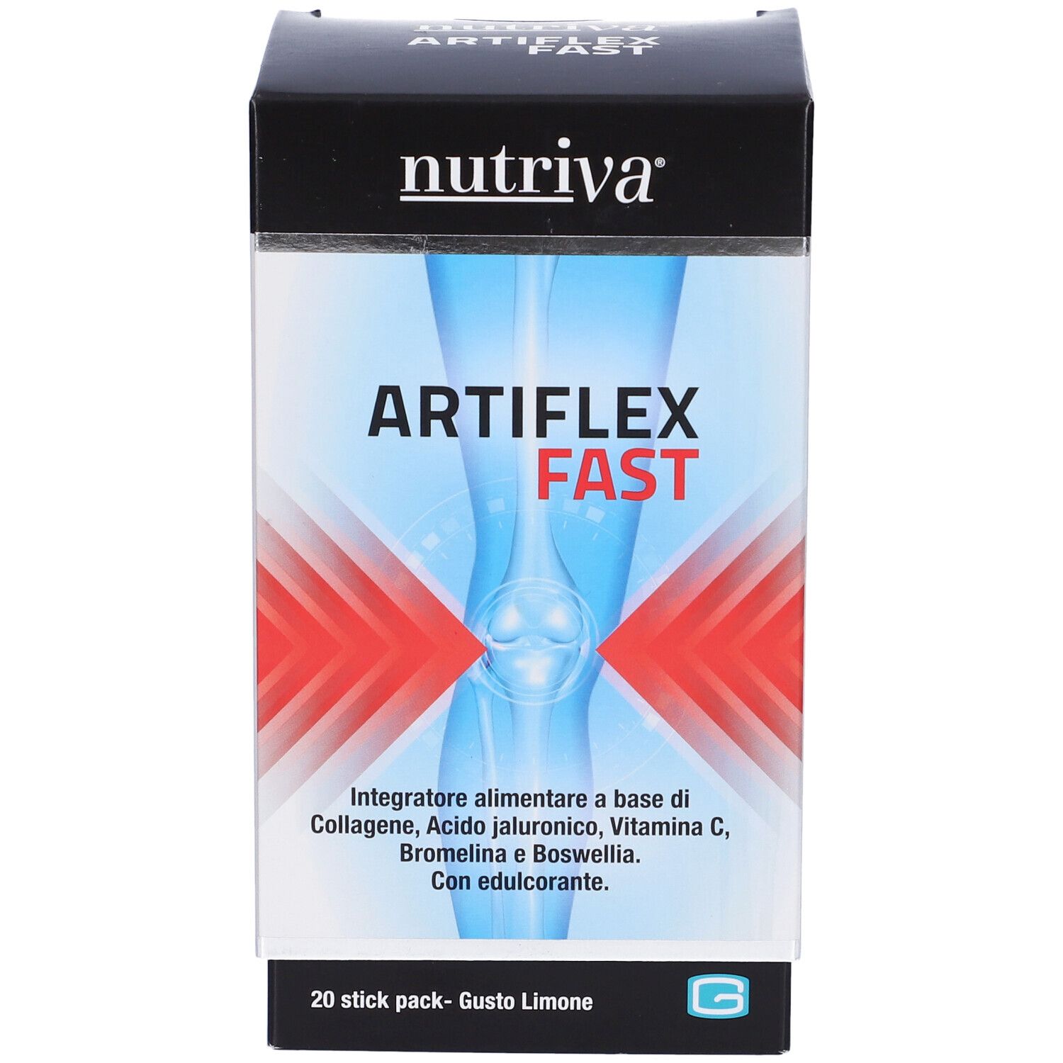 Scatola Nutriva Artiflex Fast, 20 stick pack. Ingredienti, informazioni nutrizionali e logo di certificazione.