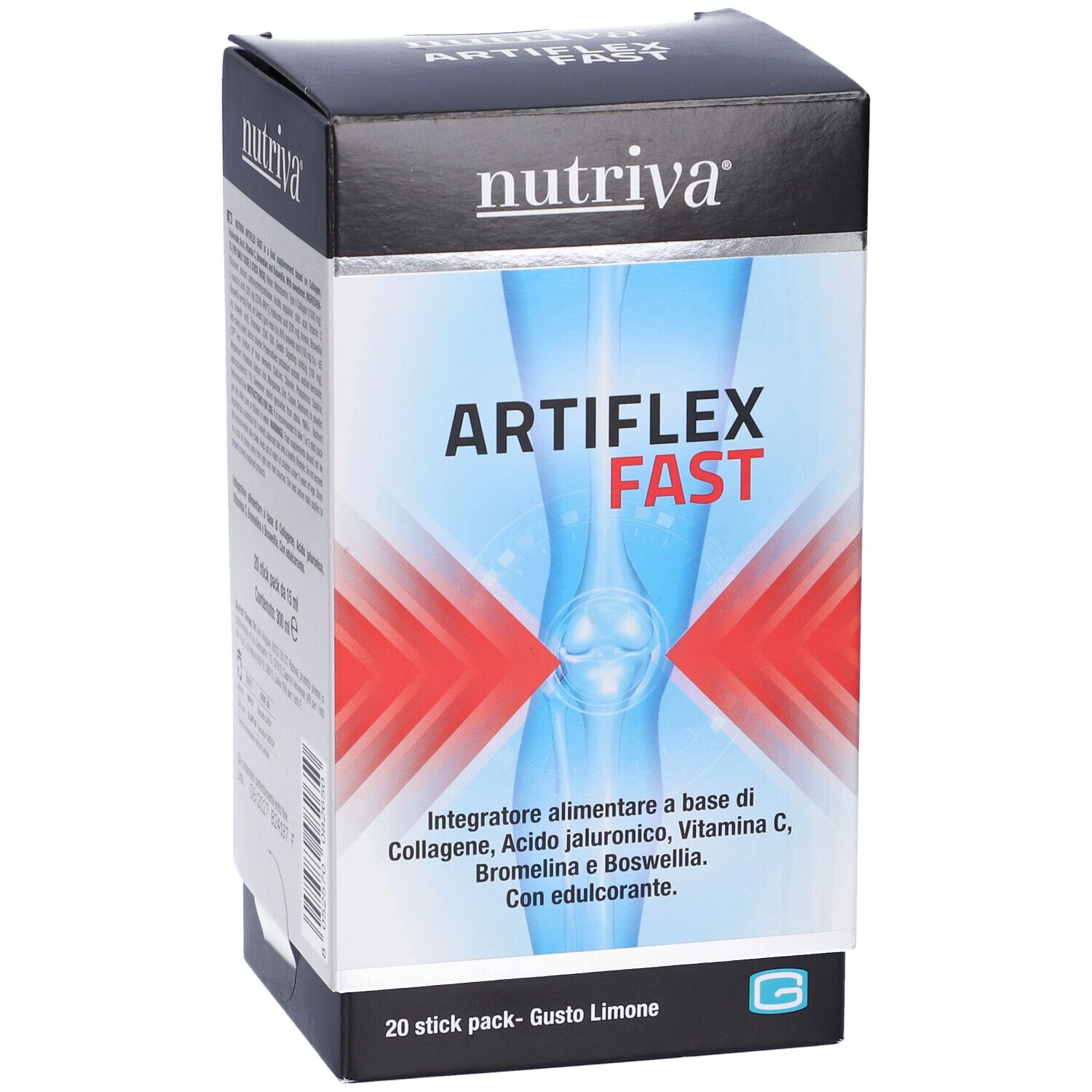 Scatola Nutriva Artiflex Fast, 20 stick pack. Ingredienti, informazioni nutrizionali e logo di certificazione.