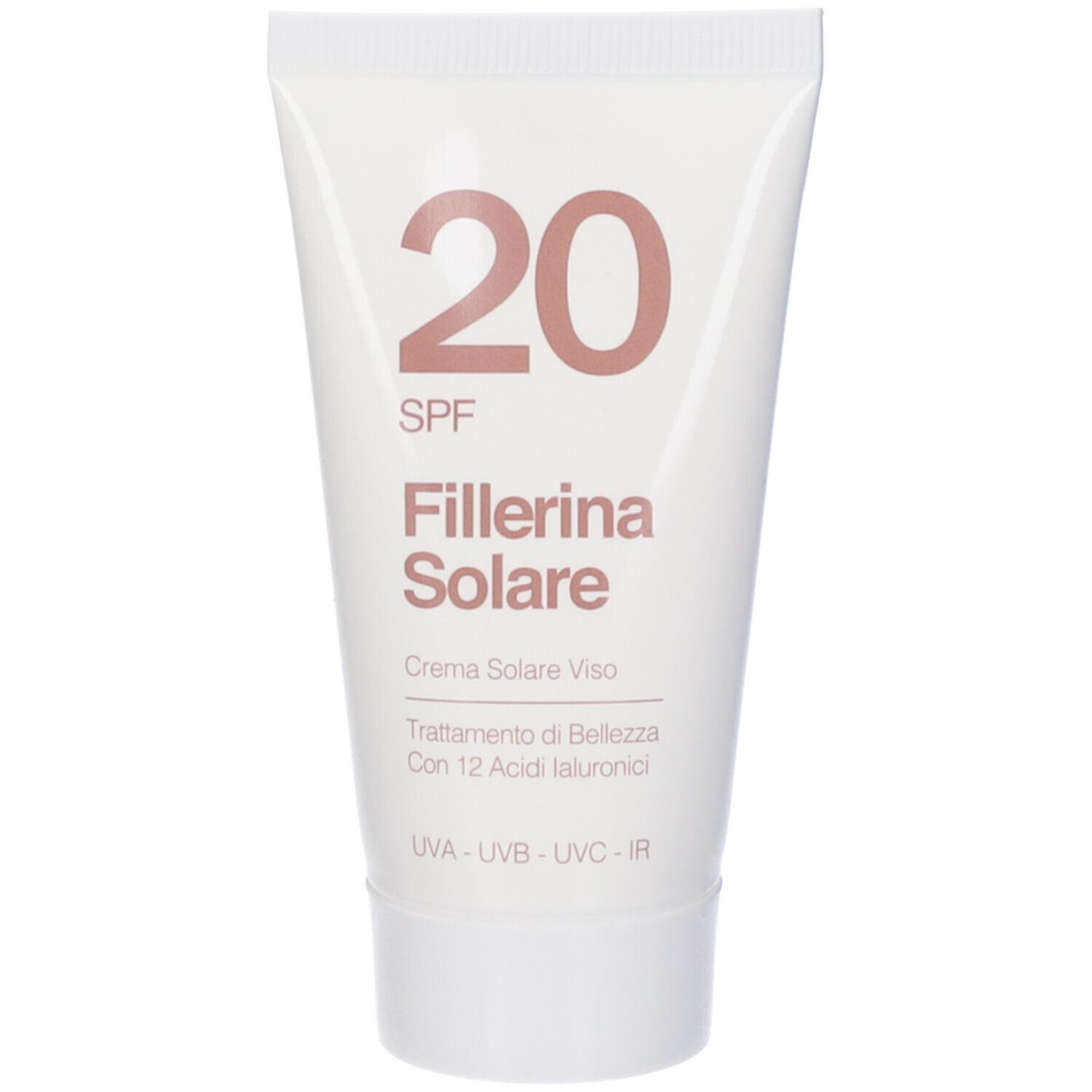 Tubo crema "20 SPF Fillerina Solare". Crema viso con 12 acidi ialuronici. UVA-UVB-UVC-IR.