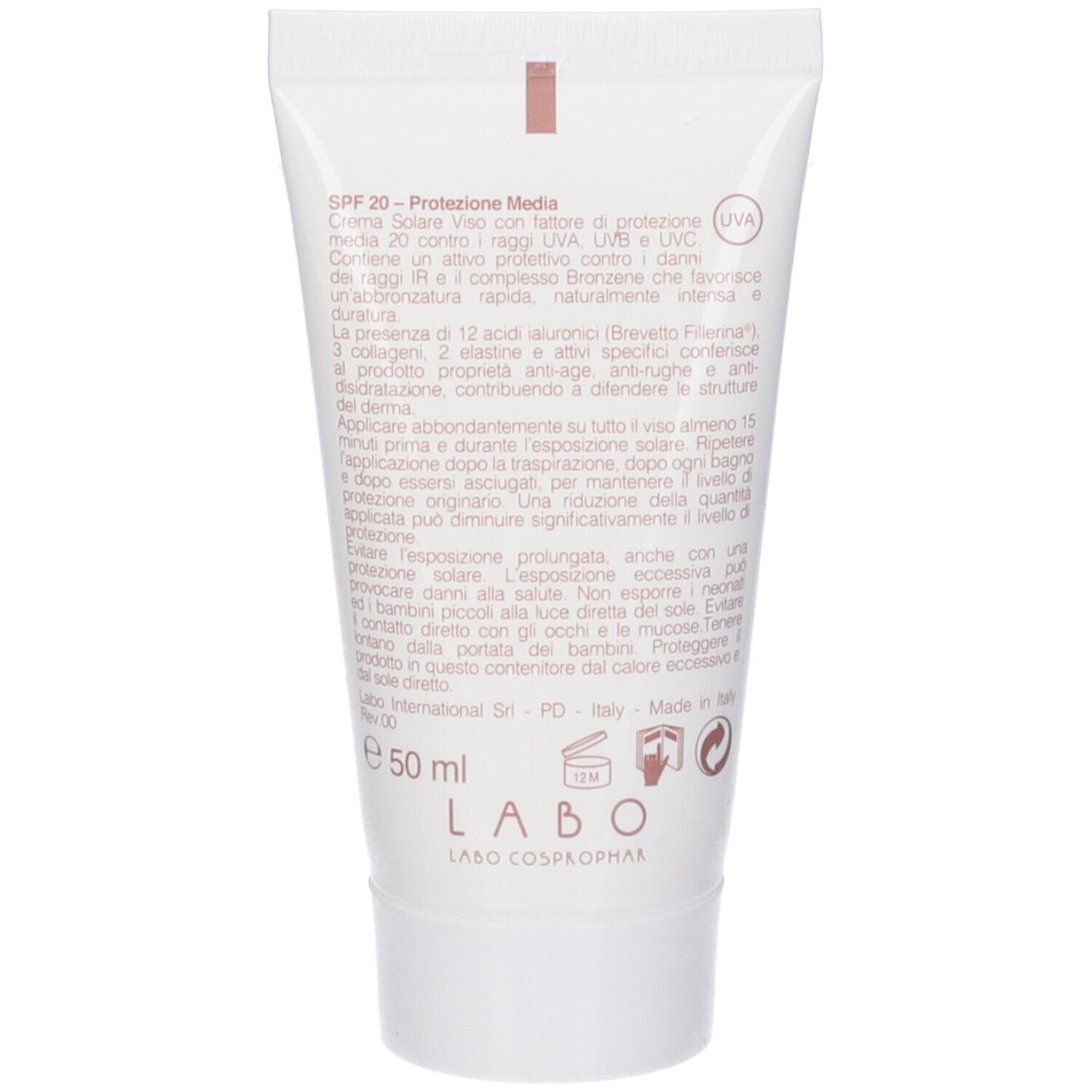 Retro del tubo crema. Testo: SPF 20, fattore di protezione. Ingredienti, istruzioni, informazioni produttore. 50 ml.