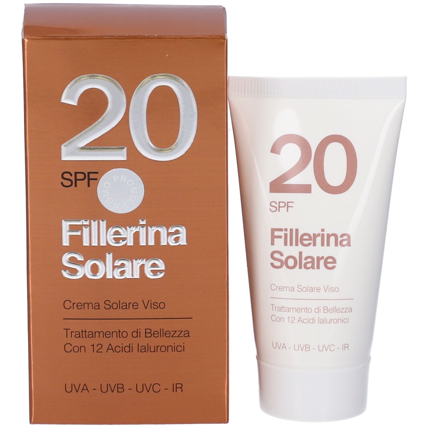 Confezione e tubo. Confezione: marrone, testo "20 SPF Fillerina Solare". Tubo: bianco, testo "20 SPF Fillerina Solare".