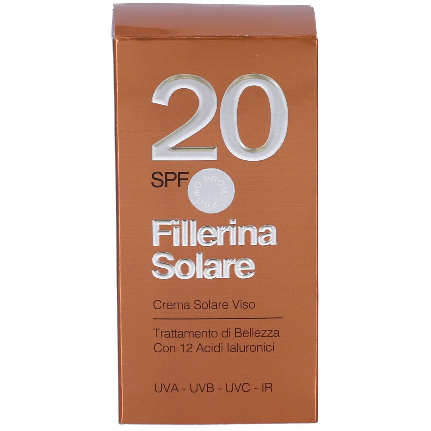 Confezione marrone. Testo: "20 SPF Fillerina Solare". Crema viso con 12 acidi ialuronici. UVA-UVB-UVC-IR.