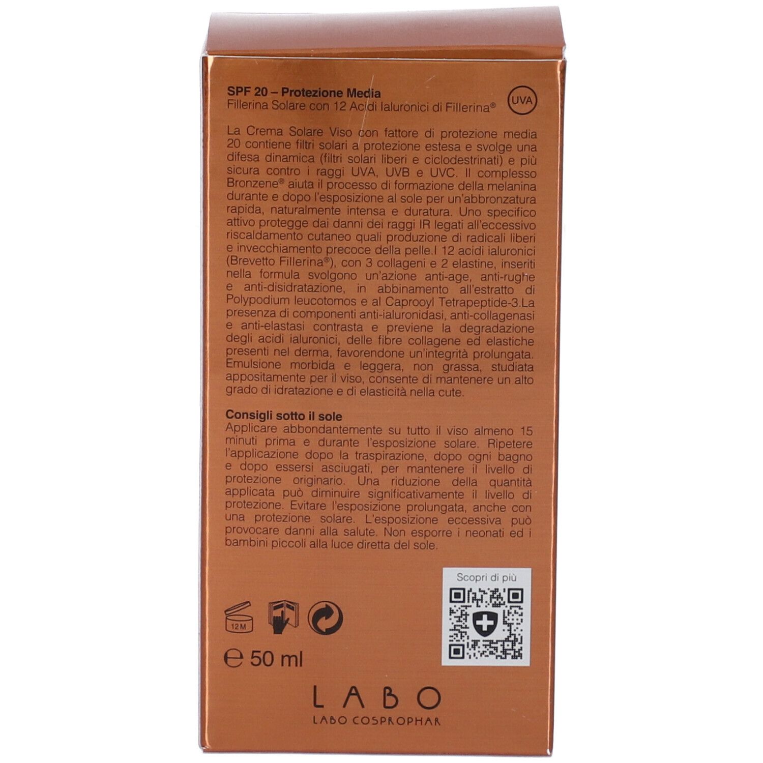 Retro della confezione. Testo: SPF 20, fattore di protezione. Istruzioni, ingredienti. 50 ml. Codice QR.