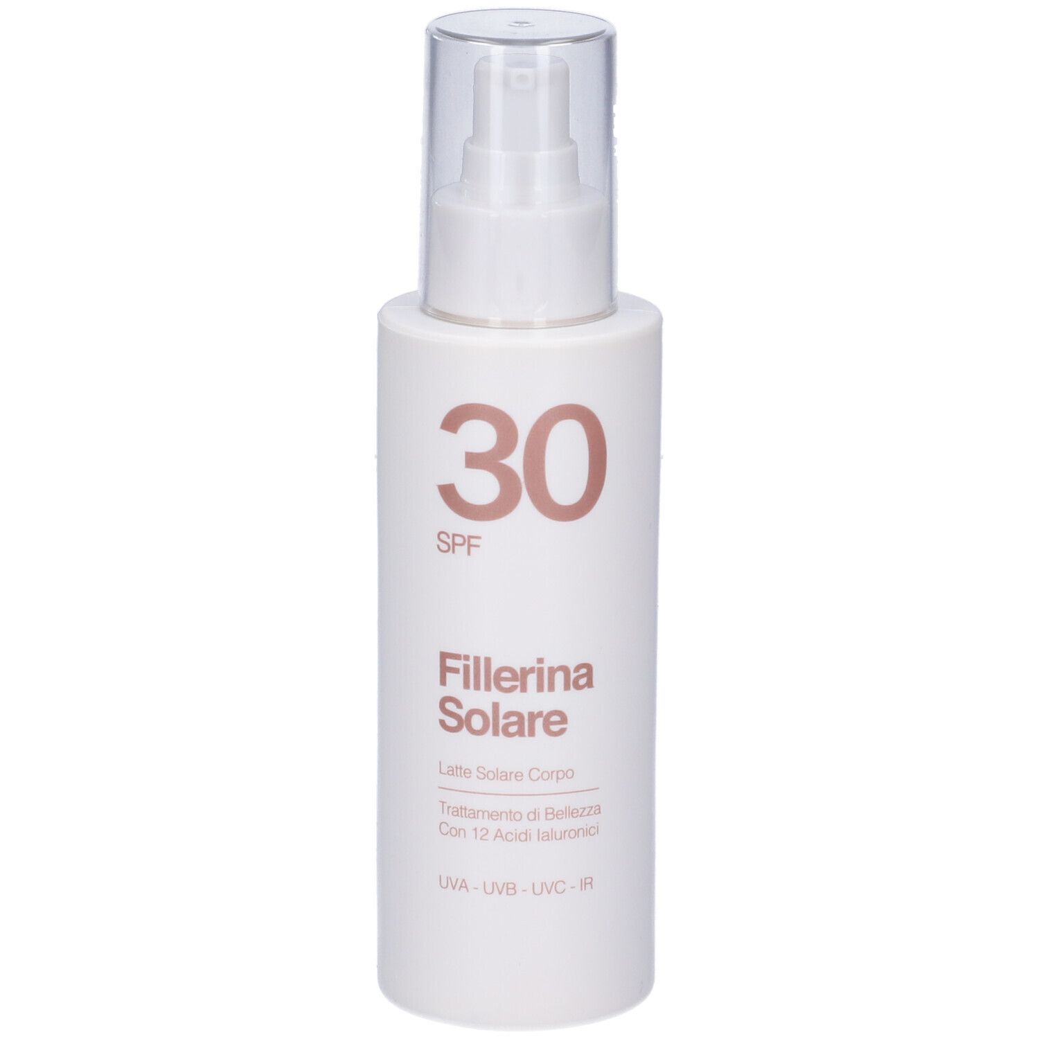 Flacone bianco con erogatore spray. Scritta: 30 SPF, Fillerina Solare, Latte Solare Corpo. Testo in italiano.