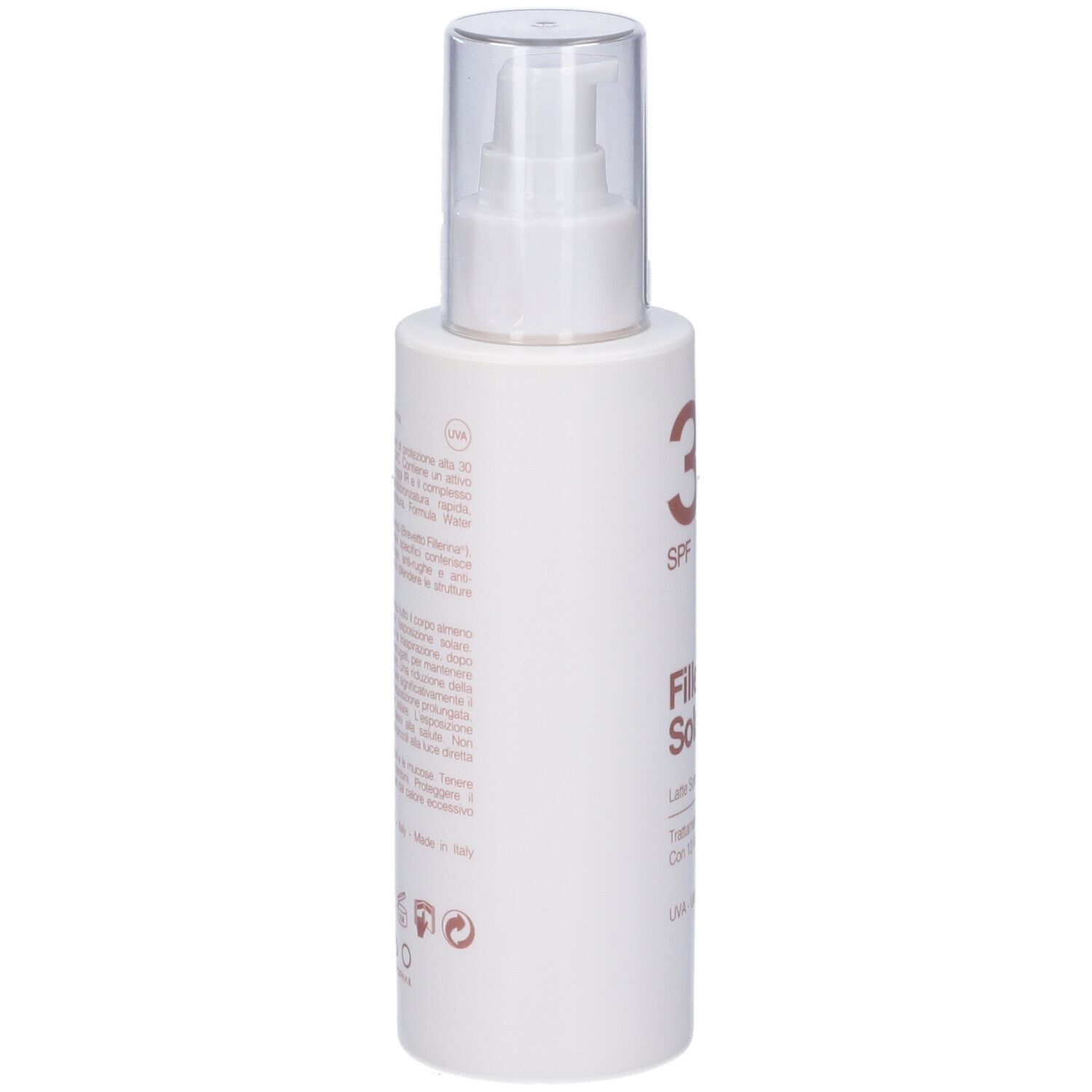 Flacone bianco con erogatore spray. Scritta: 30 SPF, Fillerina Solare, Latte Solare Corpo. Testo in italiano.