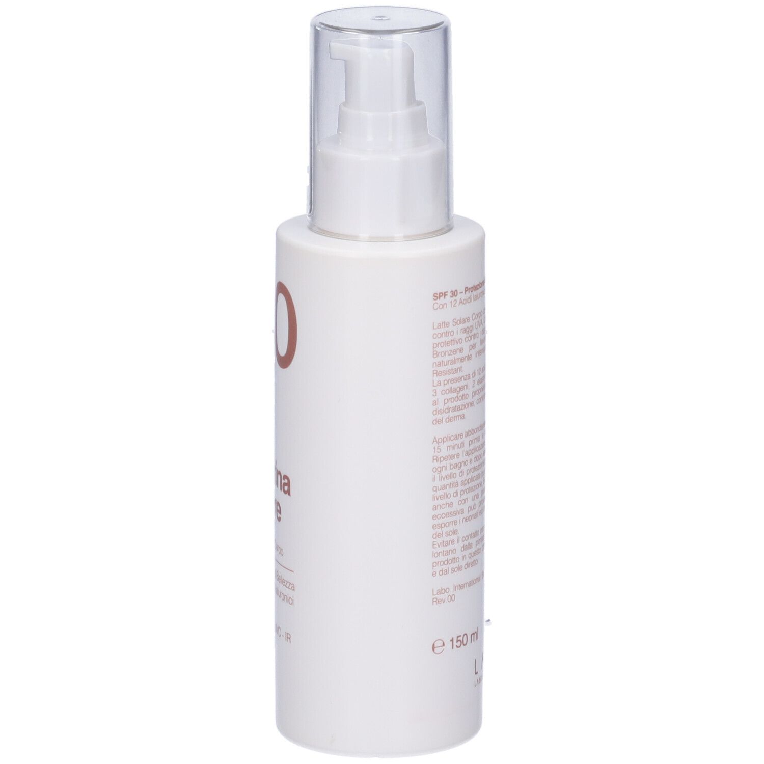 Lato di un flacone bianco con erogatore spray. Scritta: 30 SPF, Fillerina Solare, Latte Solare Corpo. Testo in italiano.
